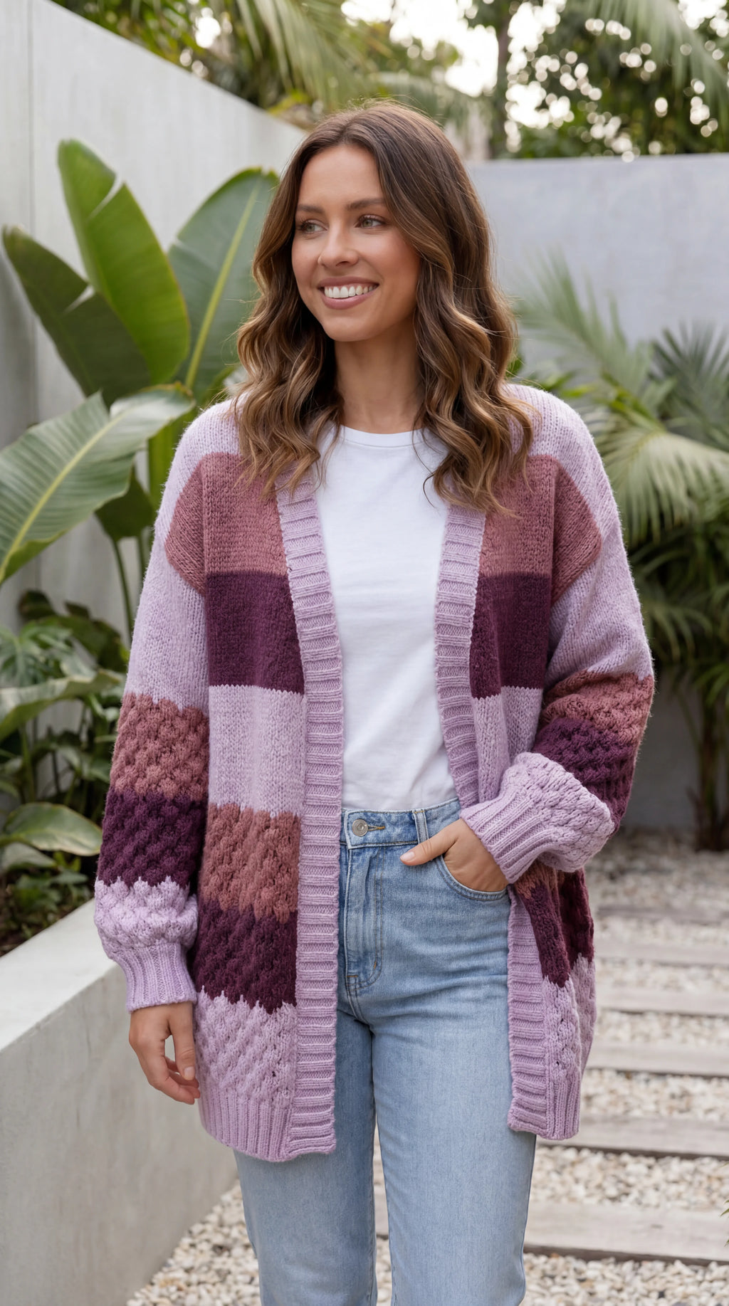 Women's Open Front Colour Block Oversized Cardigan with Pockets