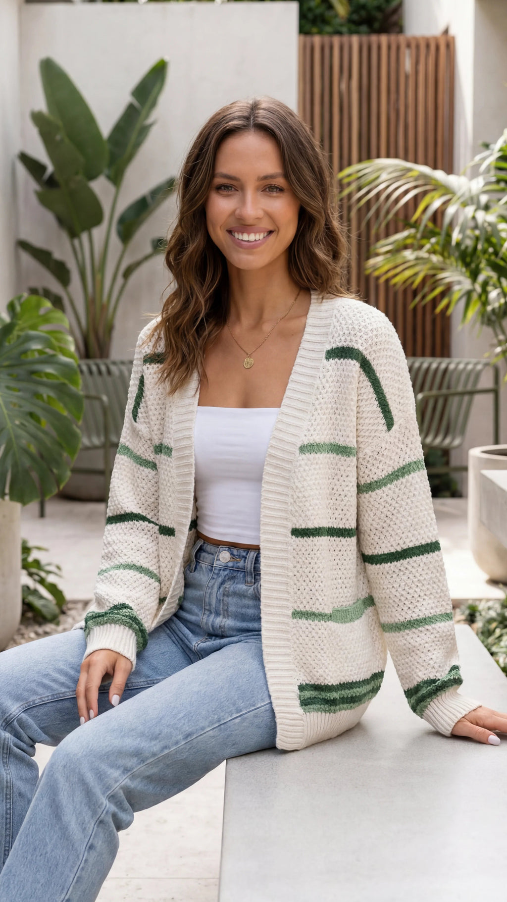 Women's Open Front Striped Oversized Knit Cardigan with Pockets