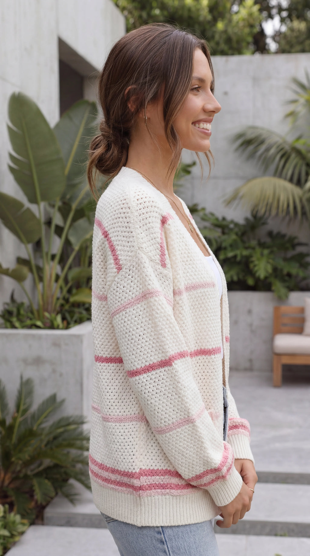 Women's Open Front Striped Oversized Knit Cardigan with Pockets