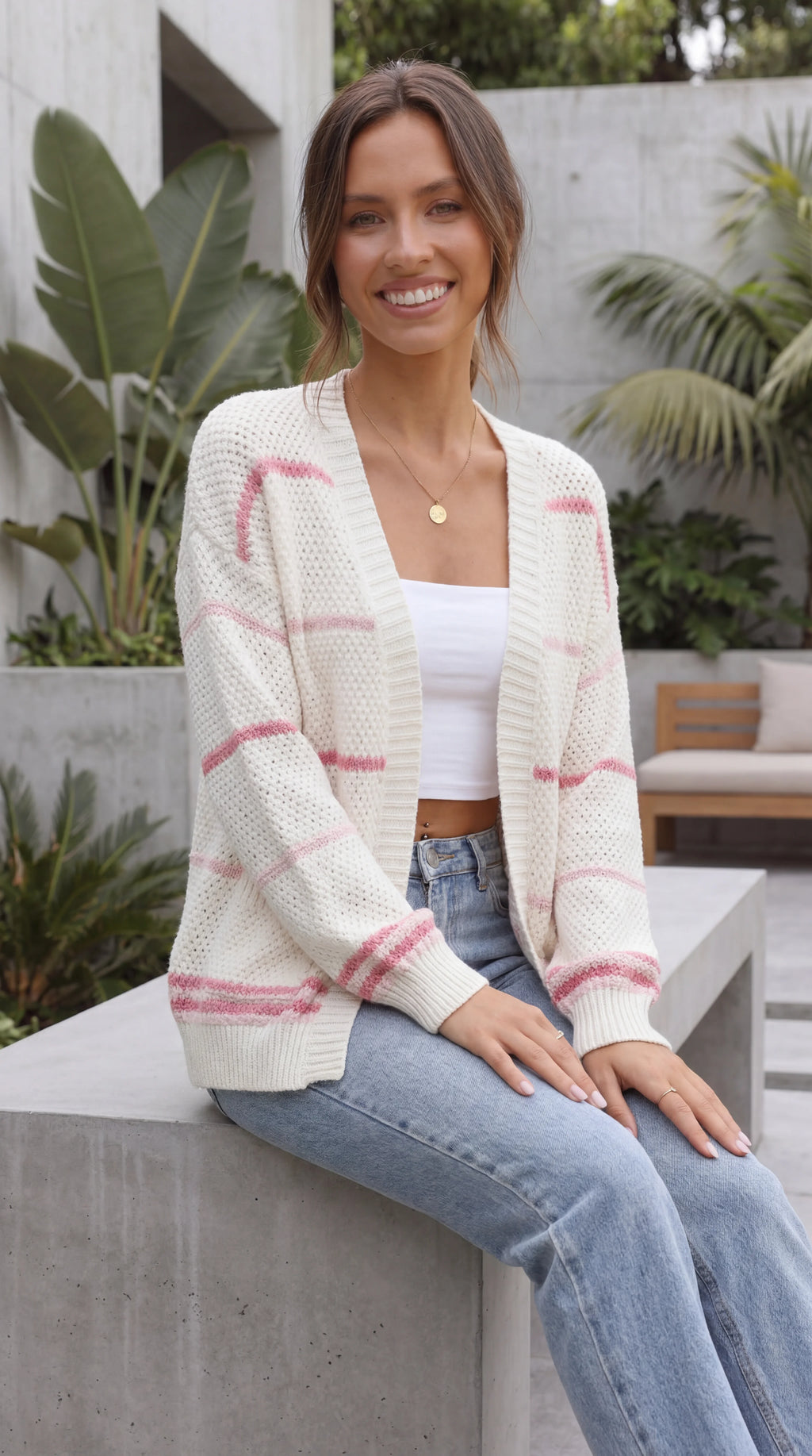 Women's Open Front Striped Oversized Knit Cardigan with Pockets
