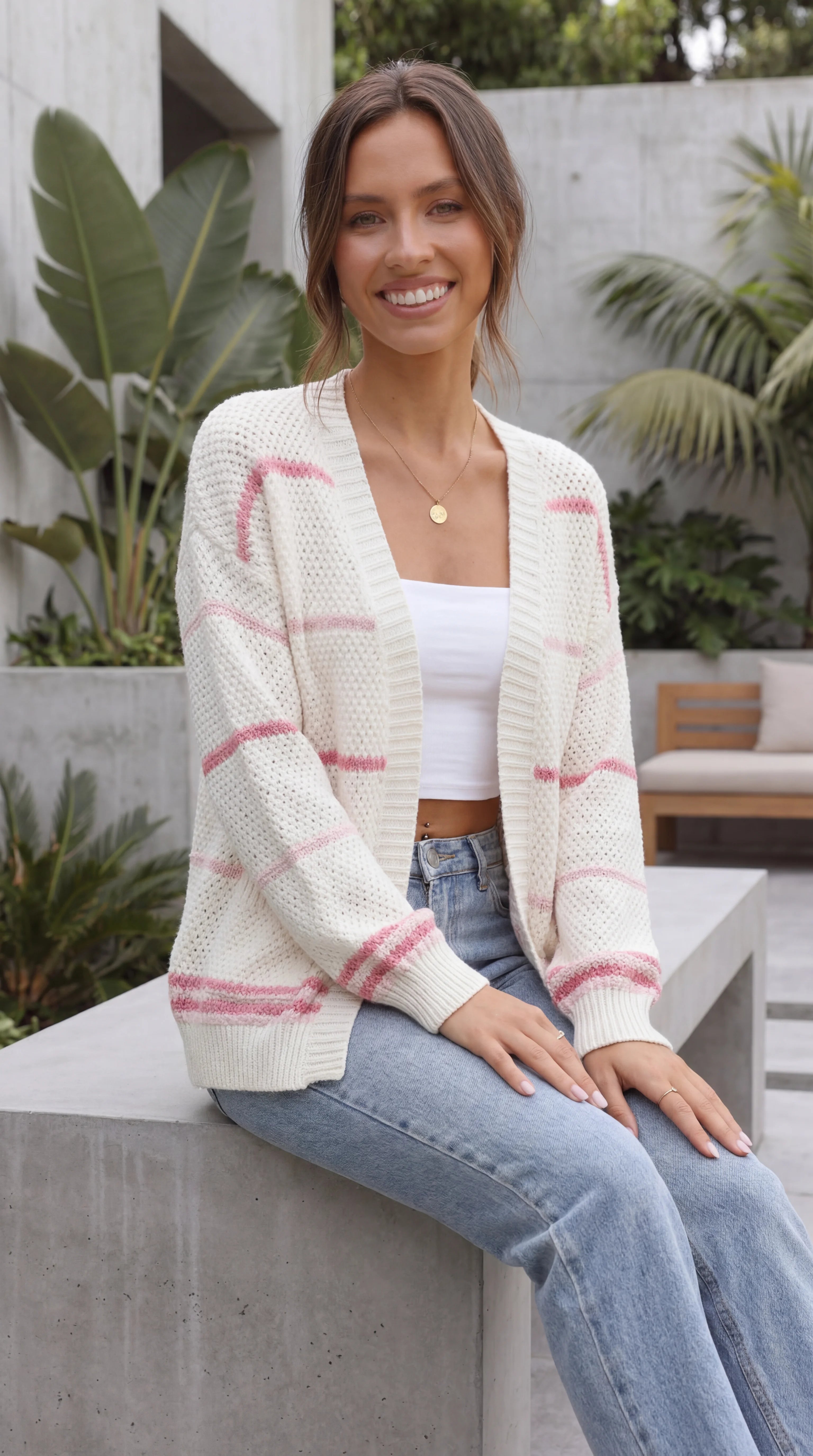 Women's Open Front Striped Oversized Knit Cardigan with Pockets