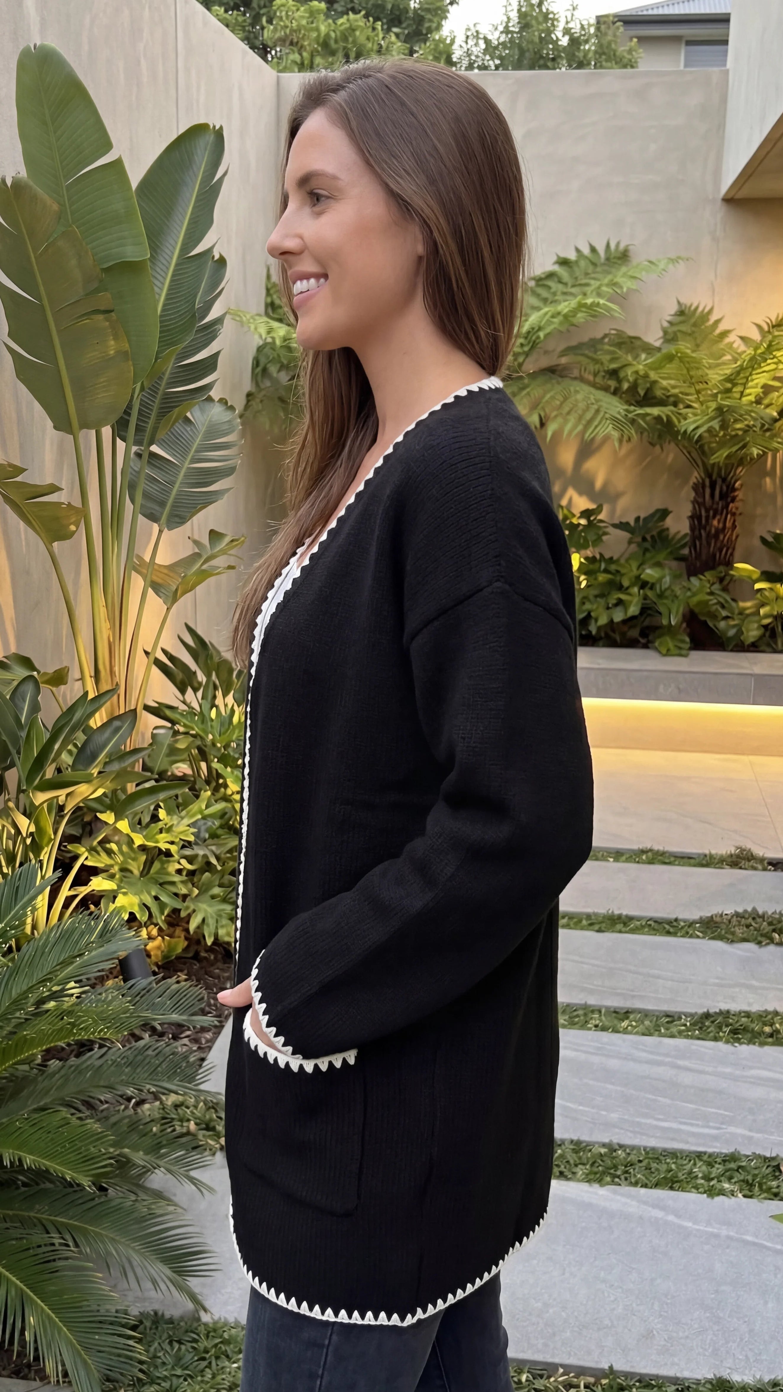 Women's Open Front Knit Long Cardigan with Contrast Trim