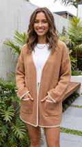 Women's Open Front Knit Long Cardigan with Contrast Trim