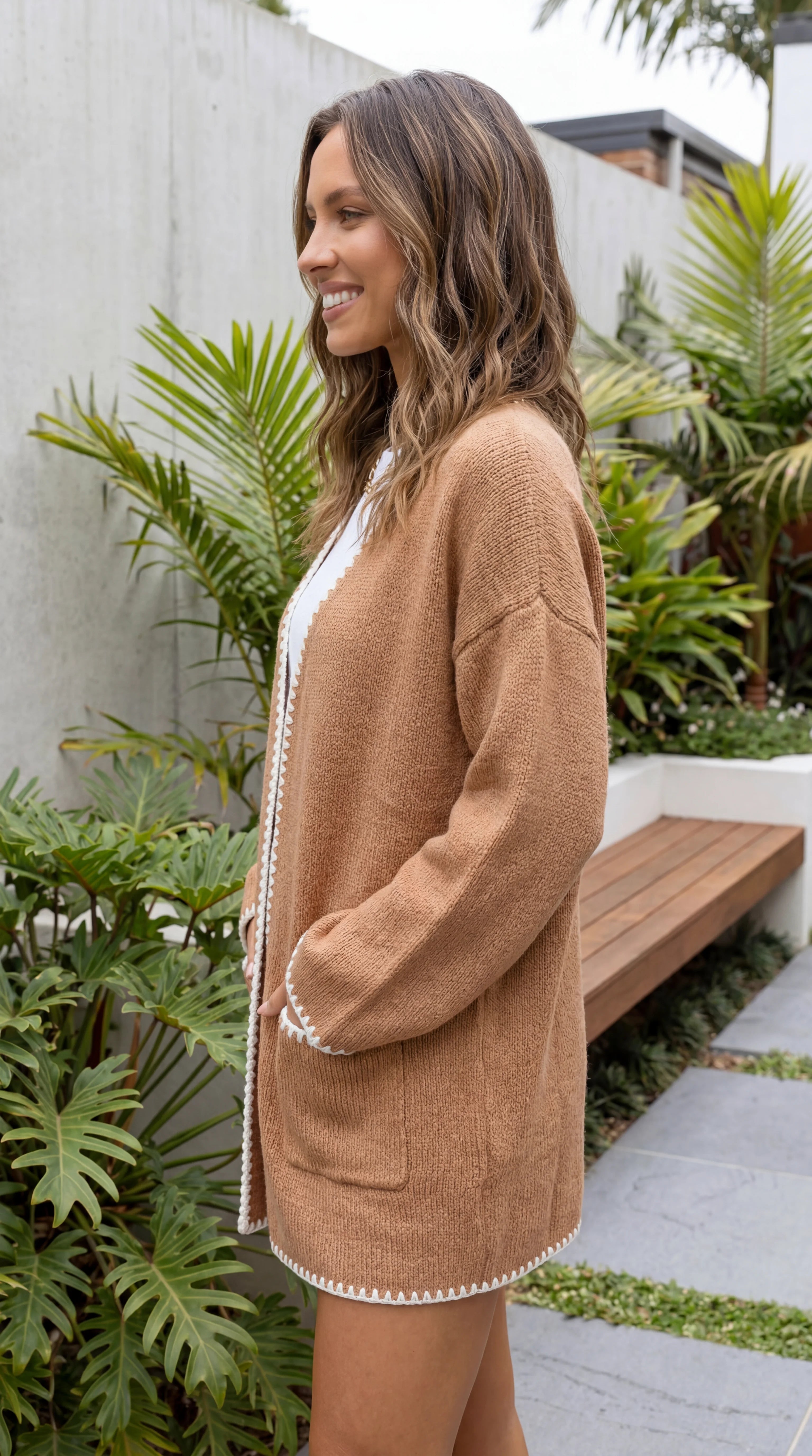 Women's Open Front Knit Long Cardigan with Contrast Trim