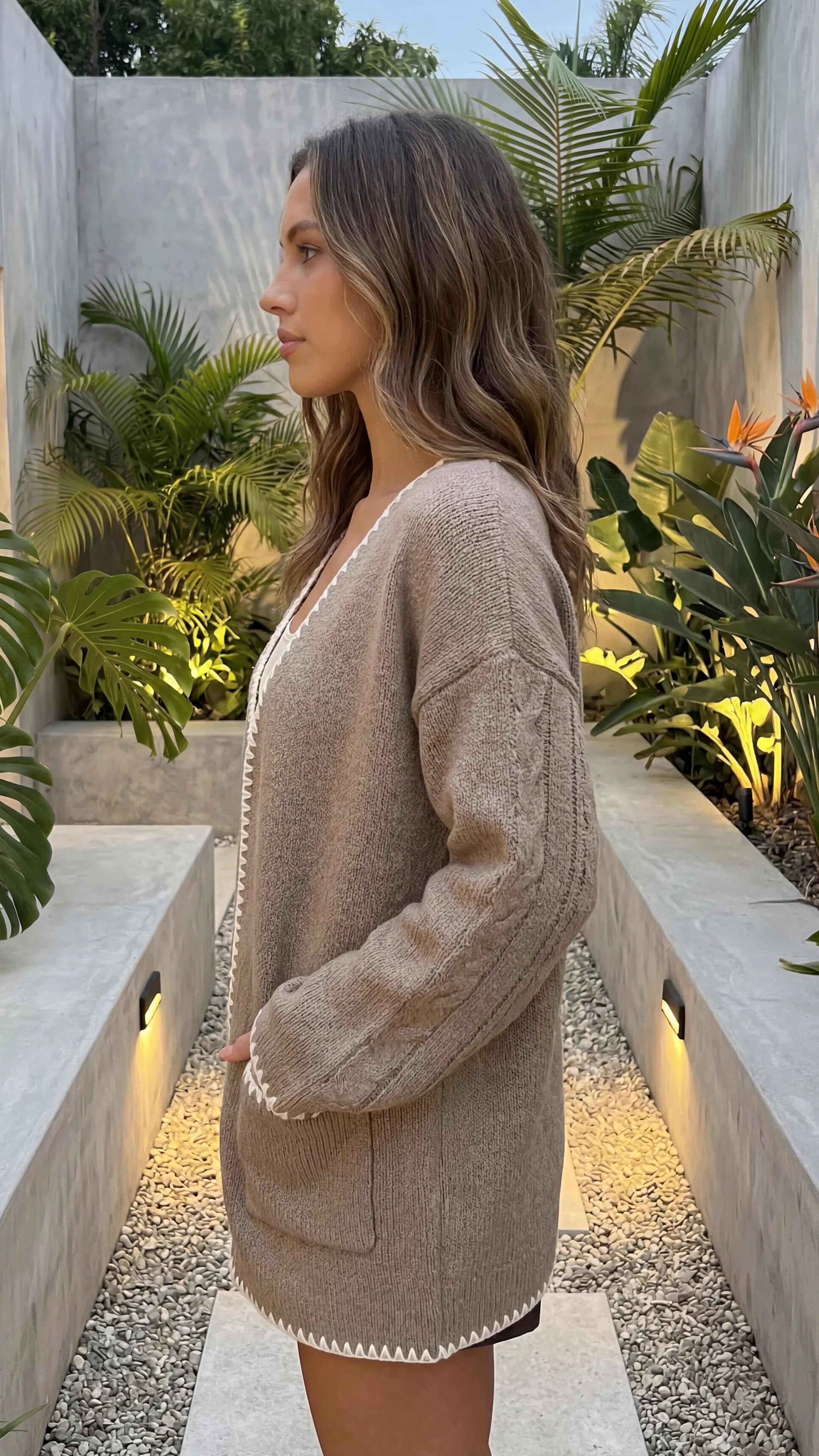 Women's Open Front Knit Long Cardigan with Contrast Trim