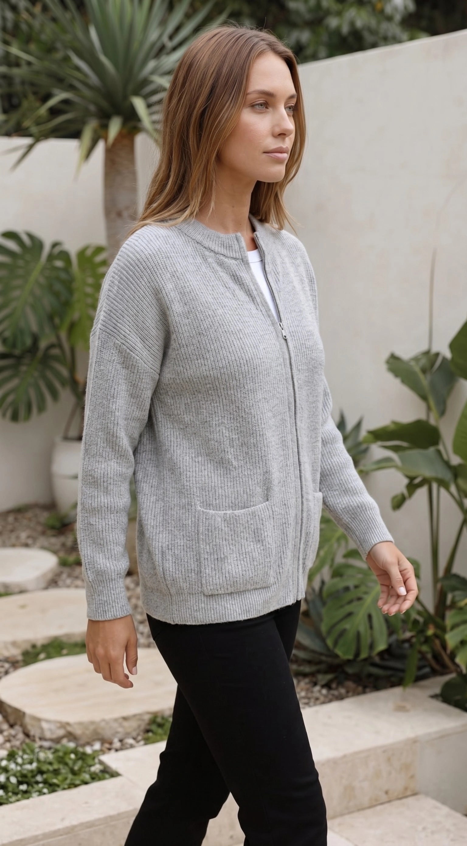 Women’s Ribbed Zip Up Knit Cardigan With Pockets