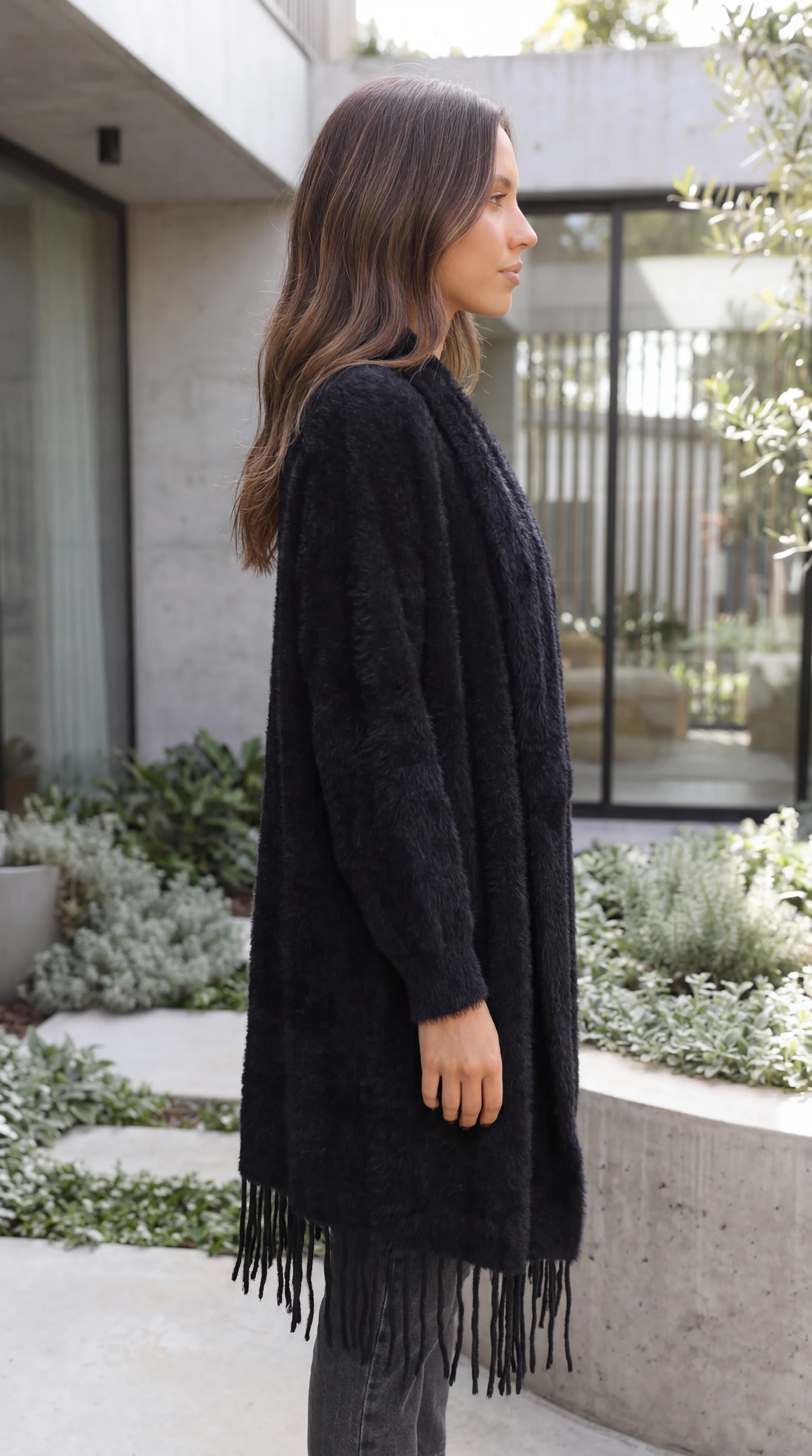 Women's Open Front Longline Knit Cardigan with Fringe Detail