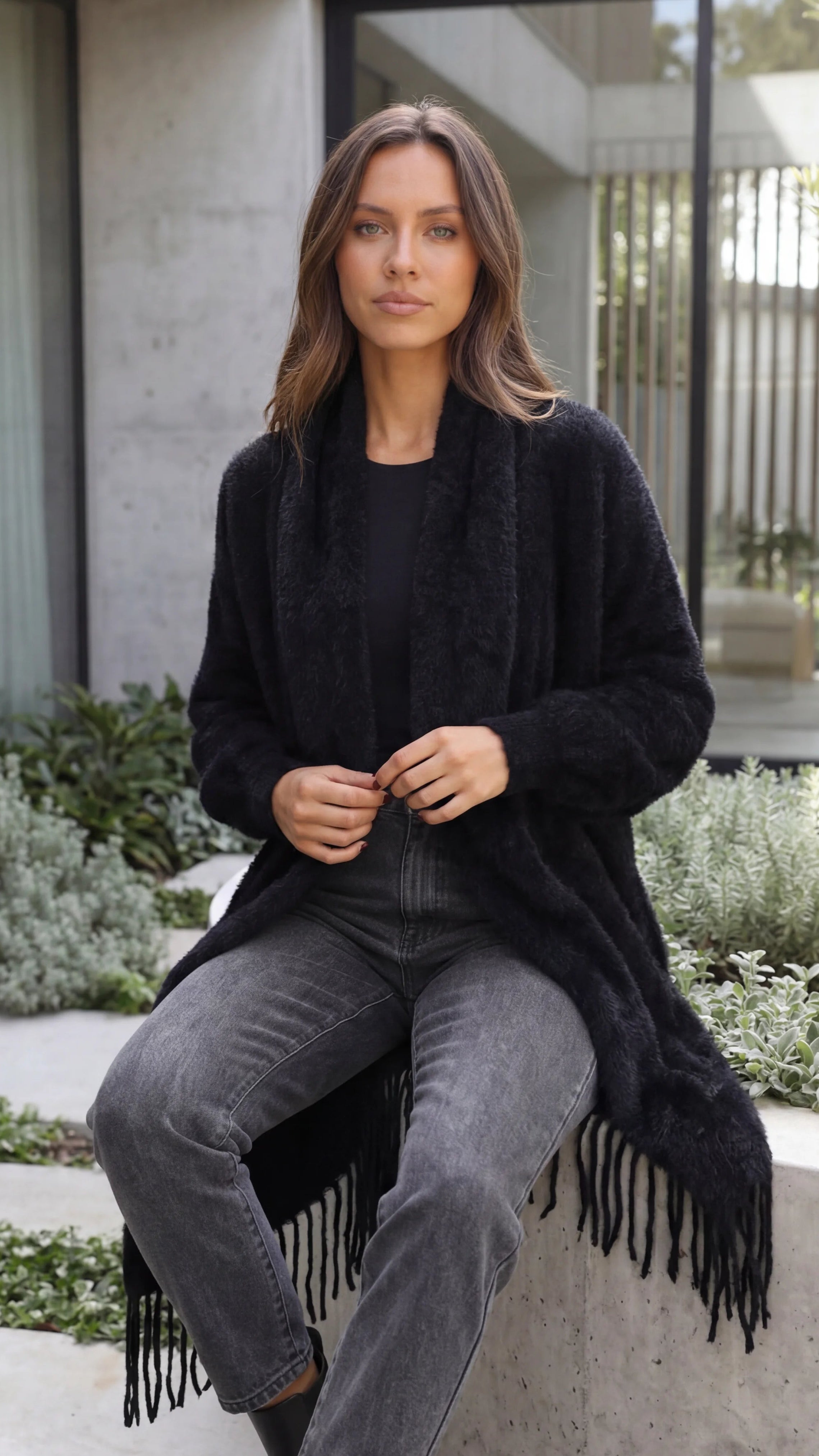 Women's Open Front Longline Knit Cardigan with Fringe Detail