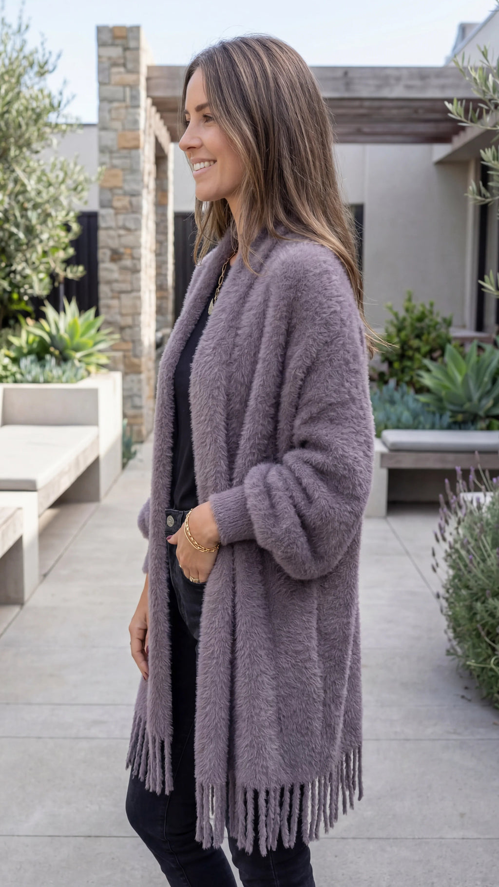 Women's Open Front Longline Knit Cardigan with Fringe Detail