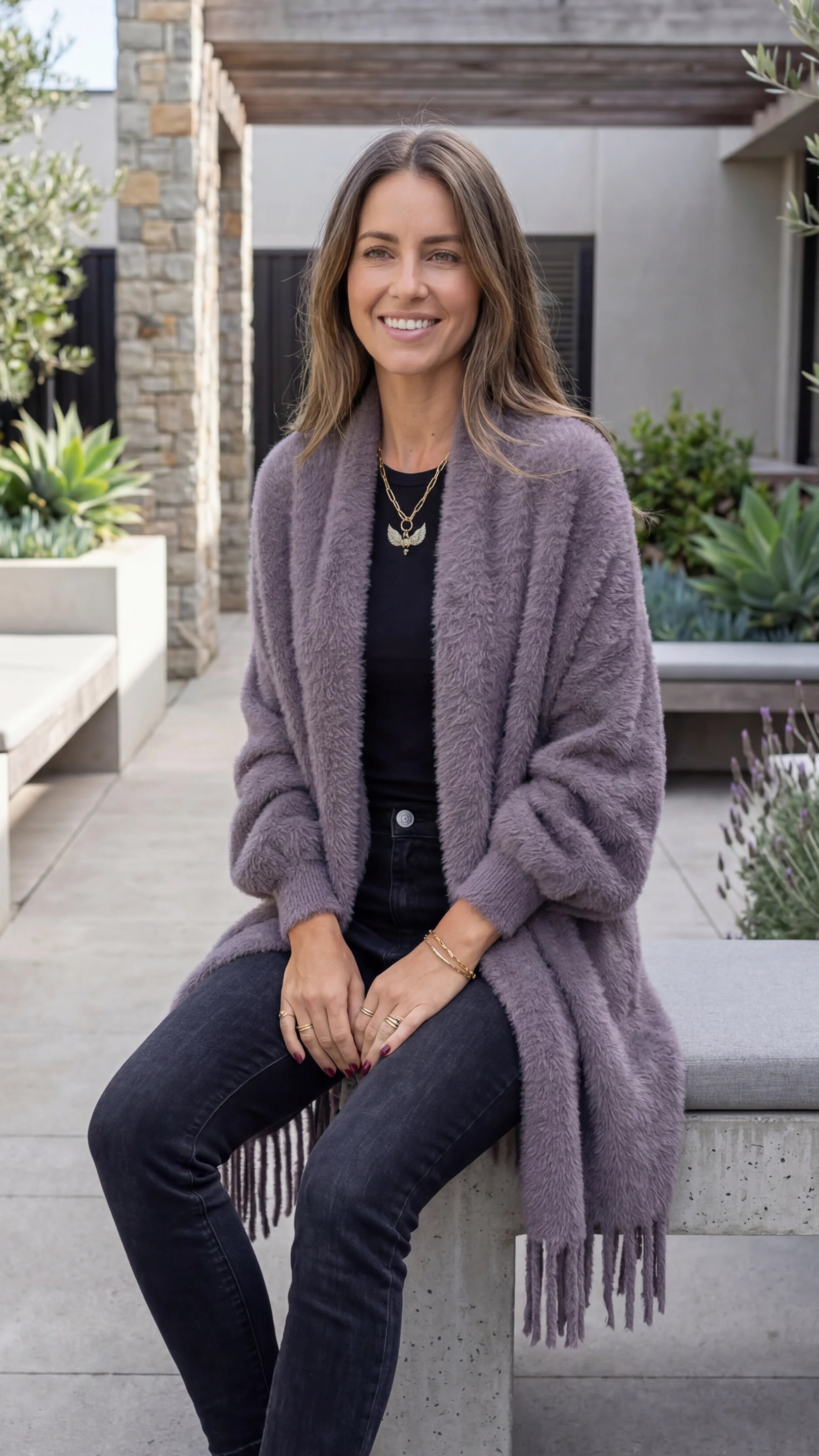 Women's Open Front Longline Knit Cardigan with Fringe Detail