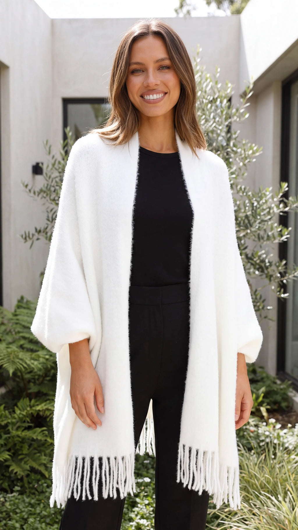 Women's Open Front Longline Knit Cardigan with Fringe Detail