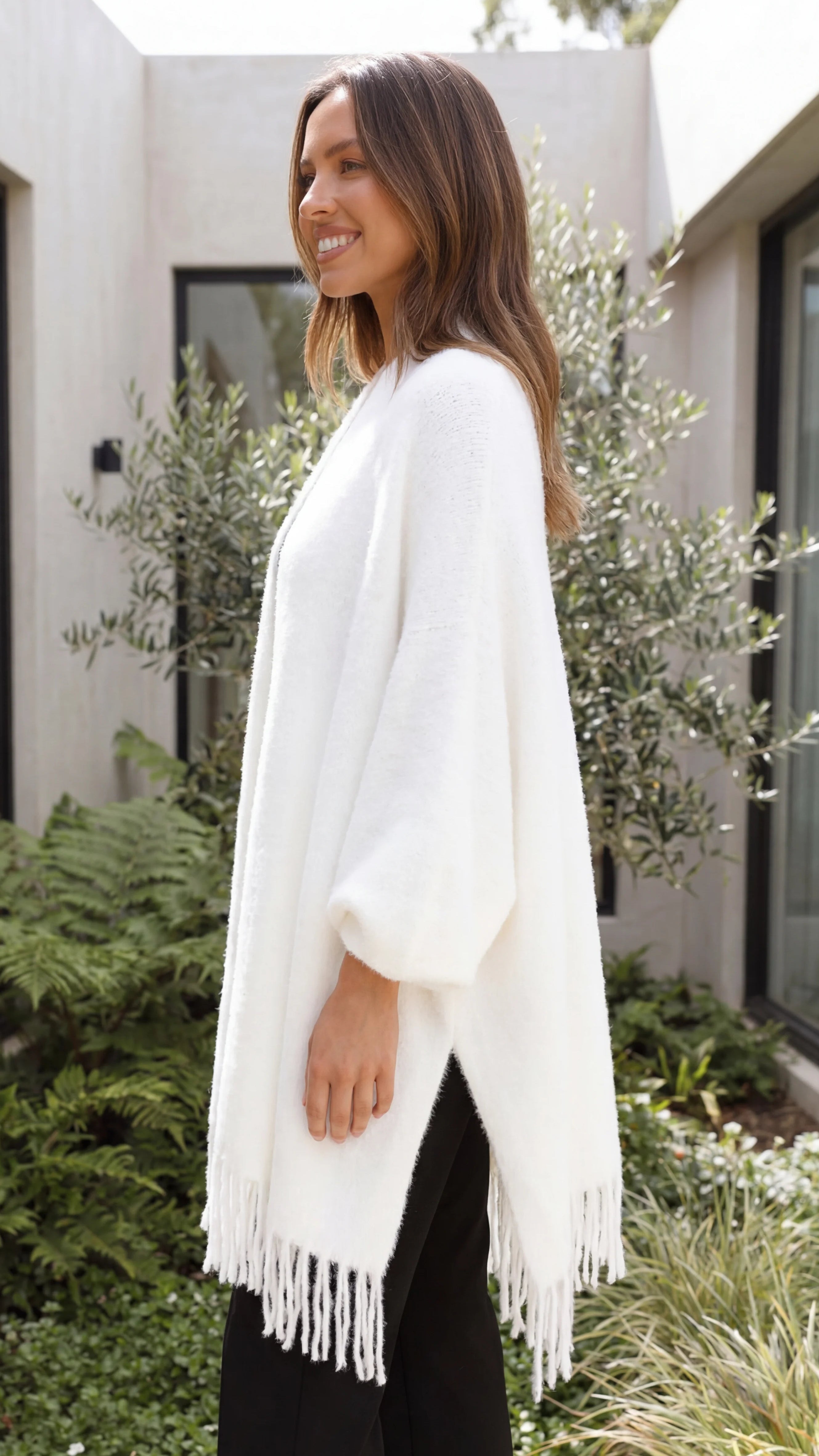 Women's Open Front Longline Knit Cardigan with Fringe Detail