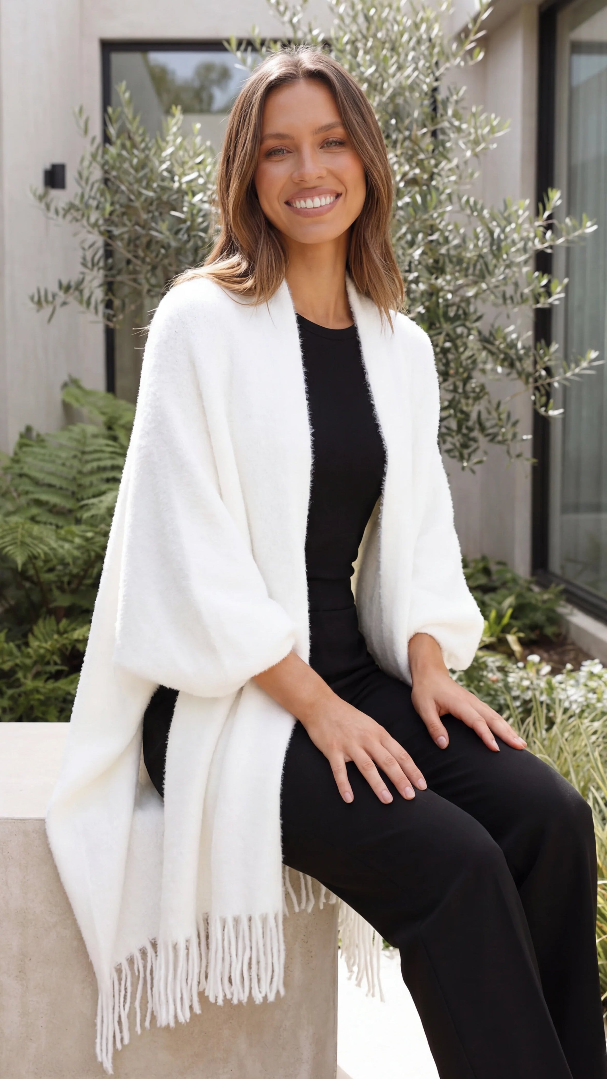 Women's Open Front Longline Knit Cardigan with Fringe Detail