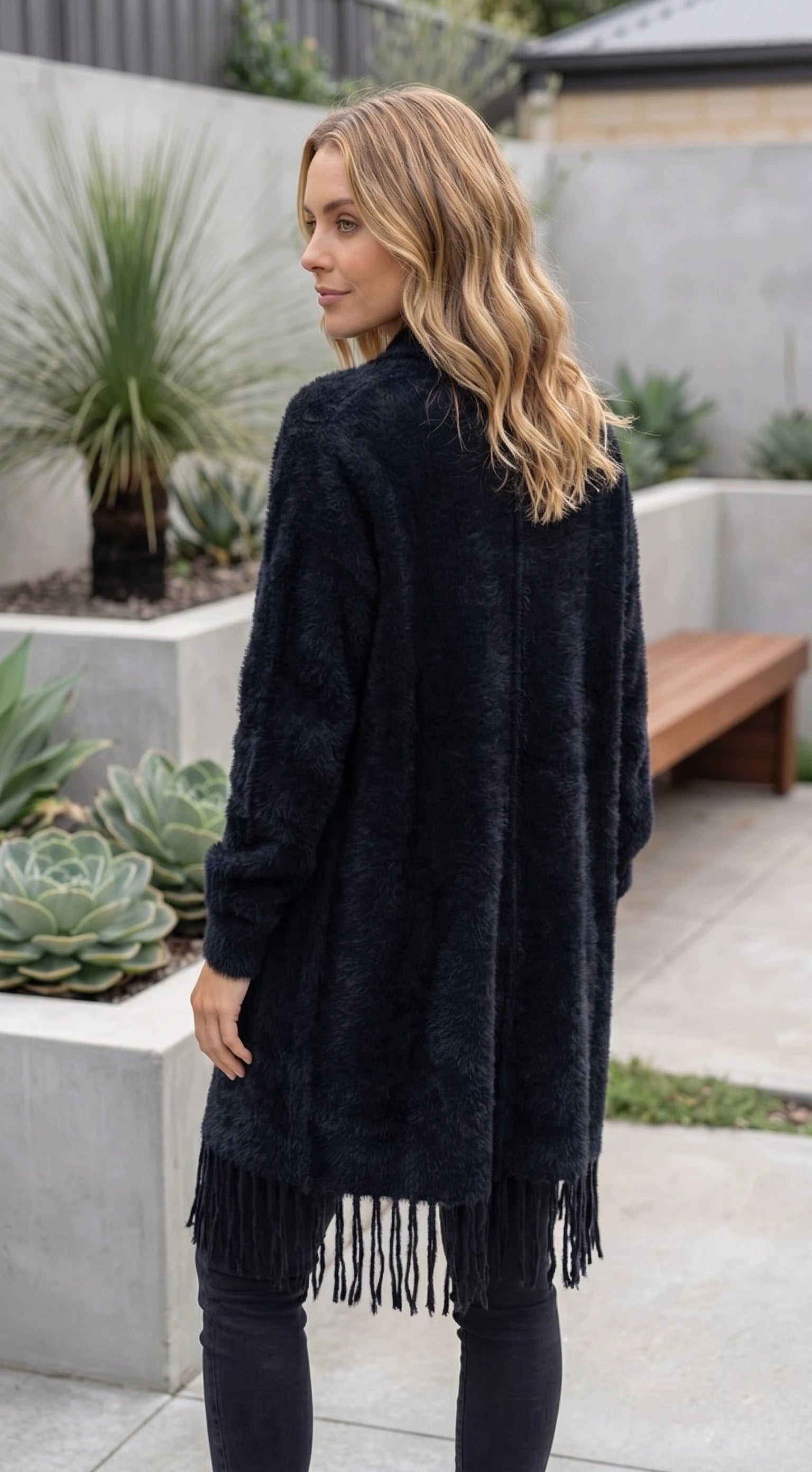 Women's Open Front Long Knit Cardigan with Fringe Hem