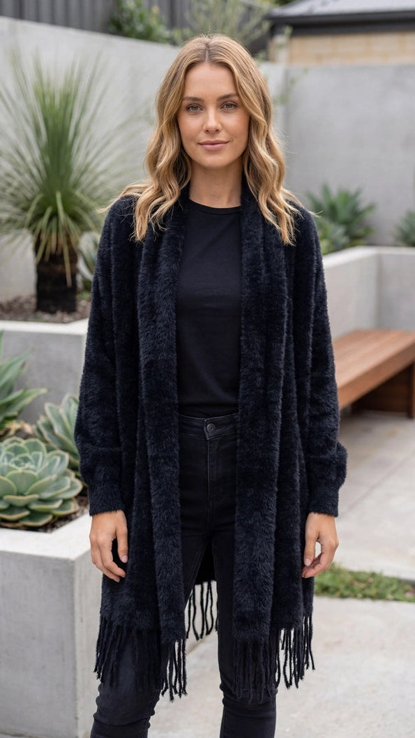 Women's Open Front Long Knit Cardigan with Fringe Hem