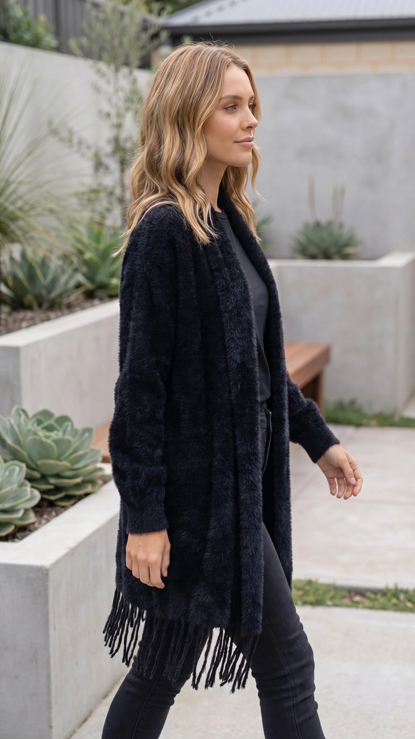 Women's Open Front Long Knit Cardigan with Fringe Hem