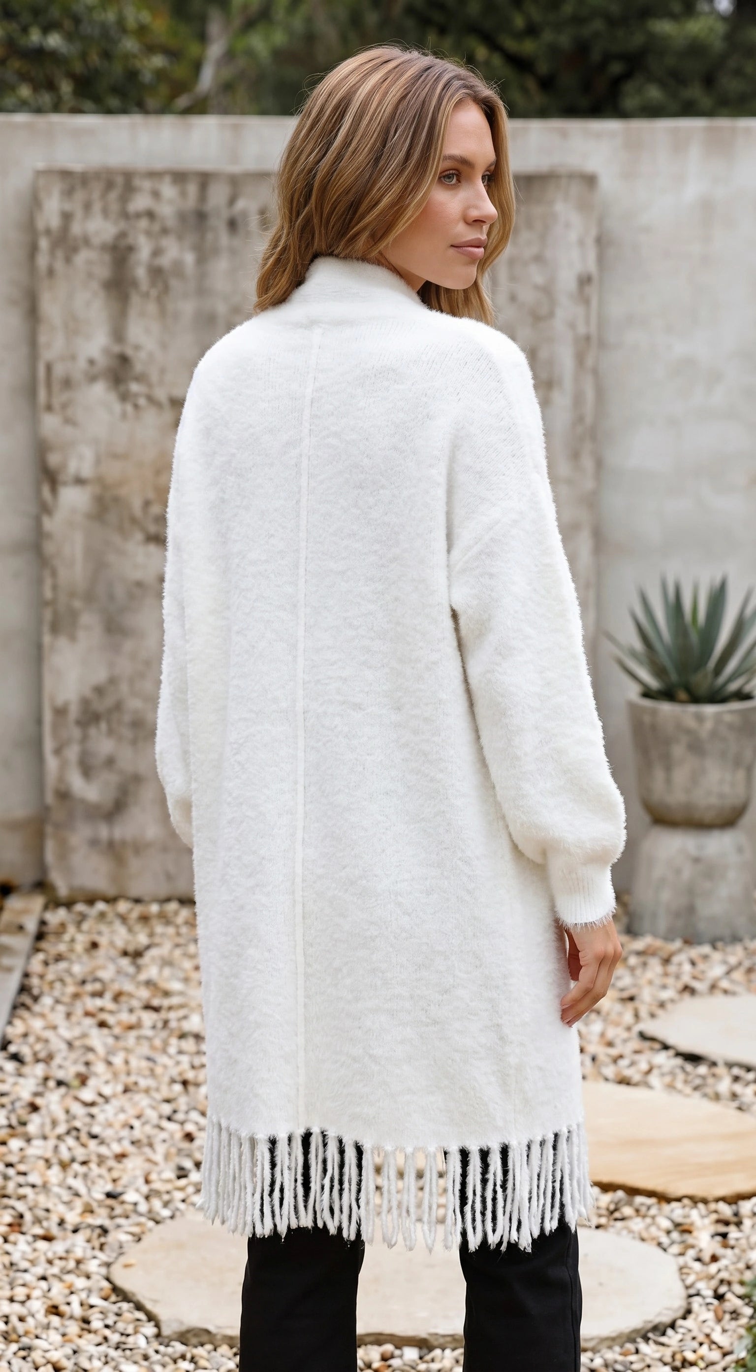 Women's Open Front Long Knit Cardigan with Fringe Hem