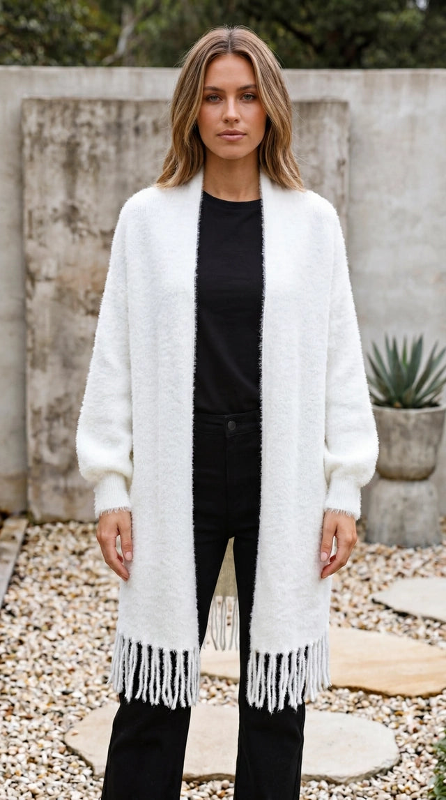 Women's Open Front Long Knit Cardigan with Fringe Hem