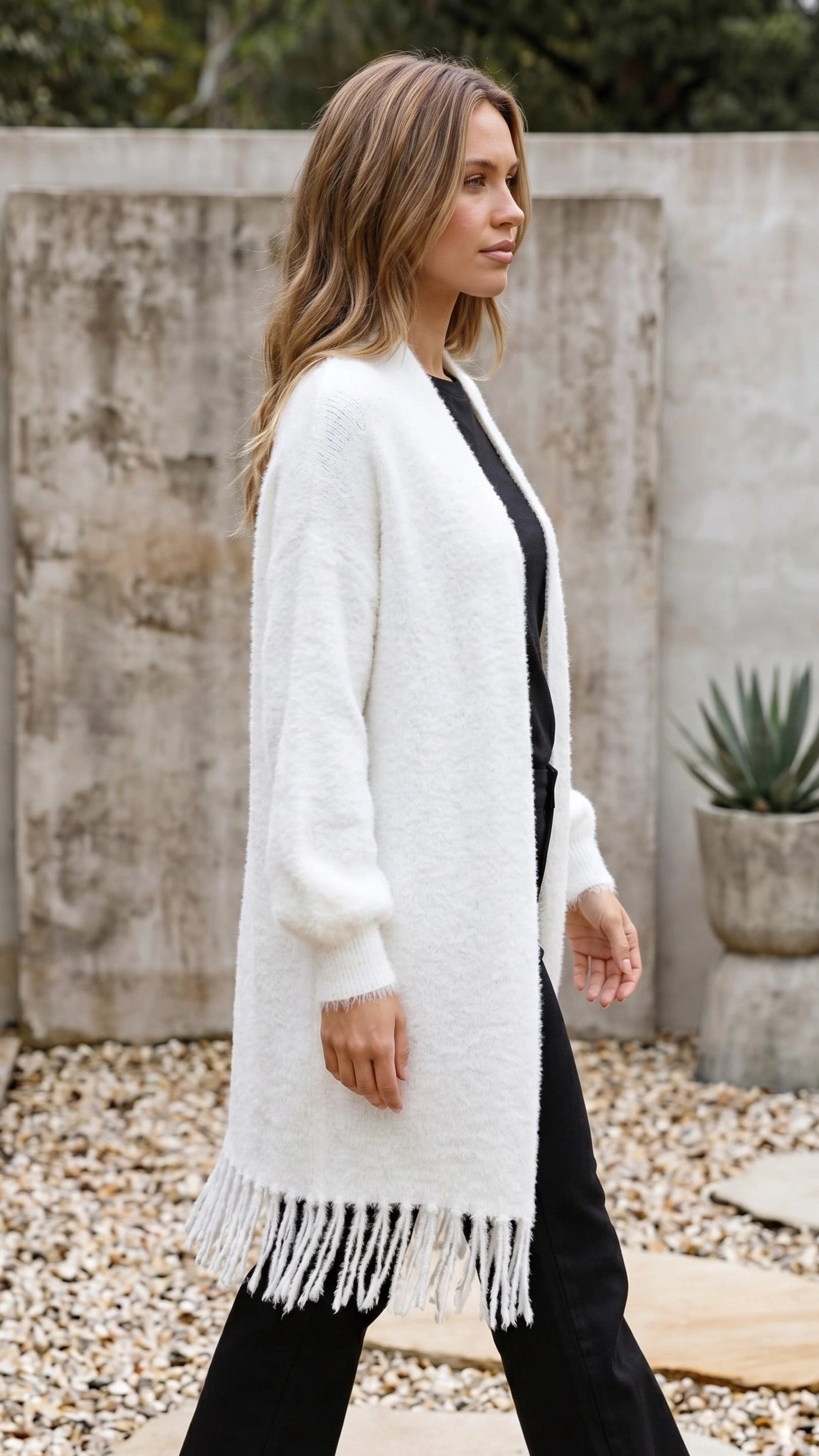 Women's Open Front Long Knit Cardigan with Fringe Hem