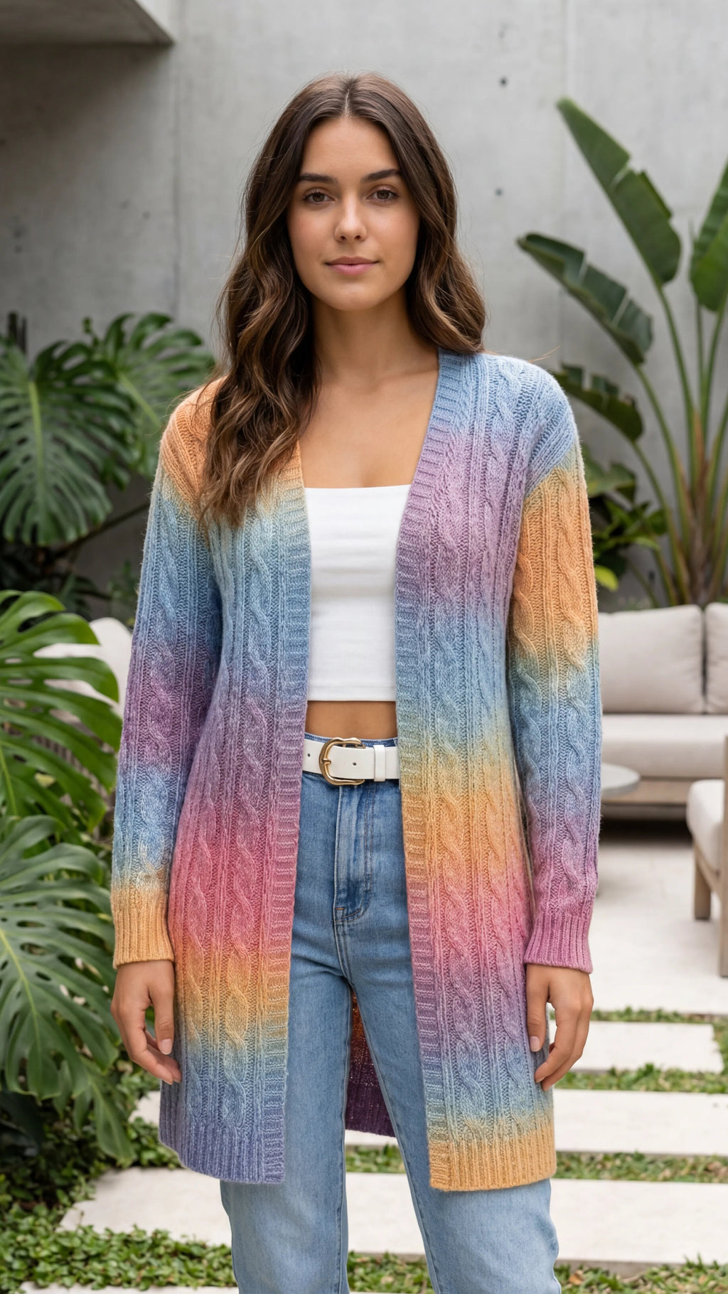 Women's Open Front Ombre Cable Knit Long Cardigan