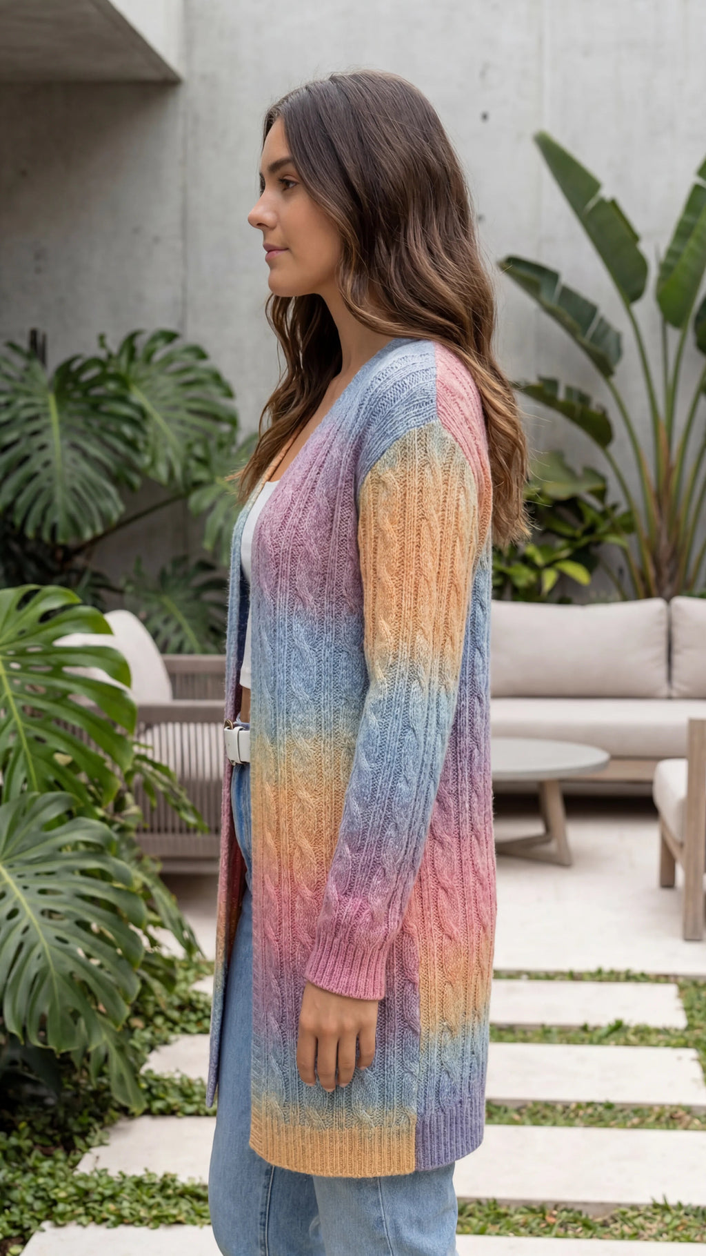 Women's Open Front Ombre Cable Knit Long Cardigan