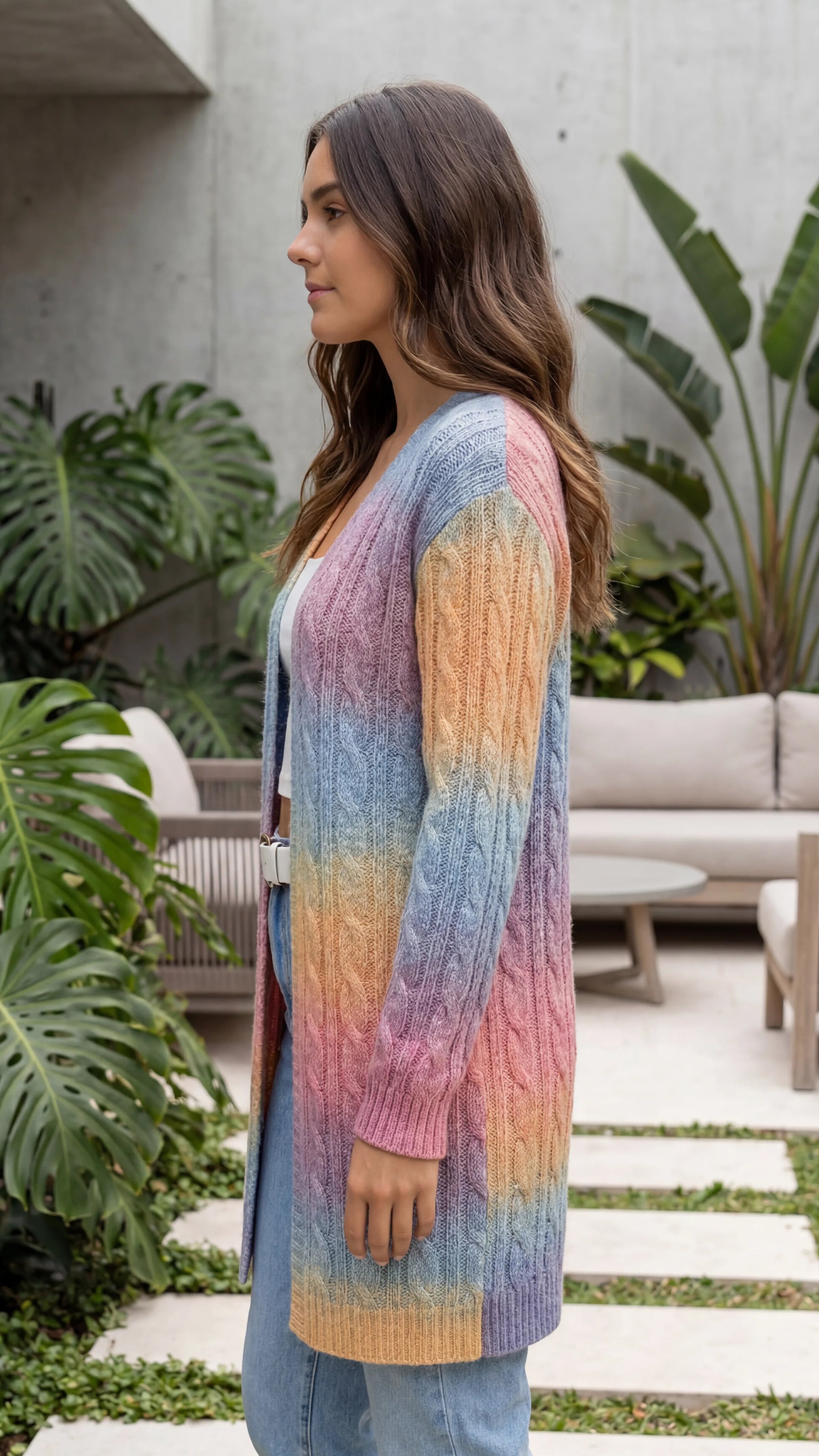Women's Open Front Ombre Cable Knit Long Cardigan