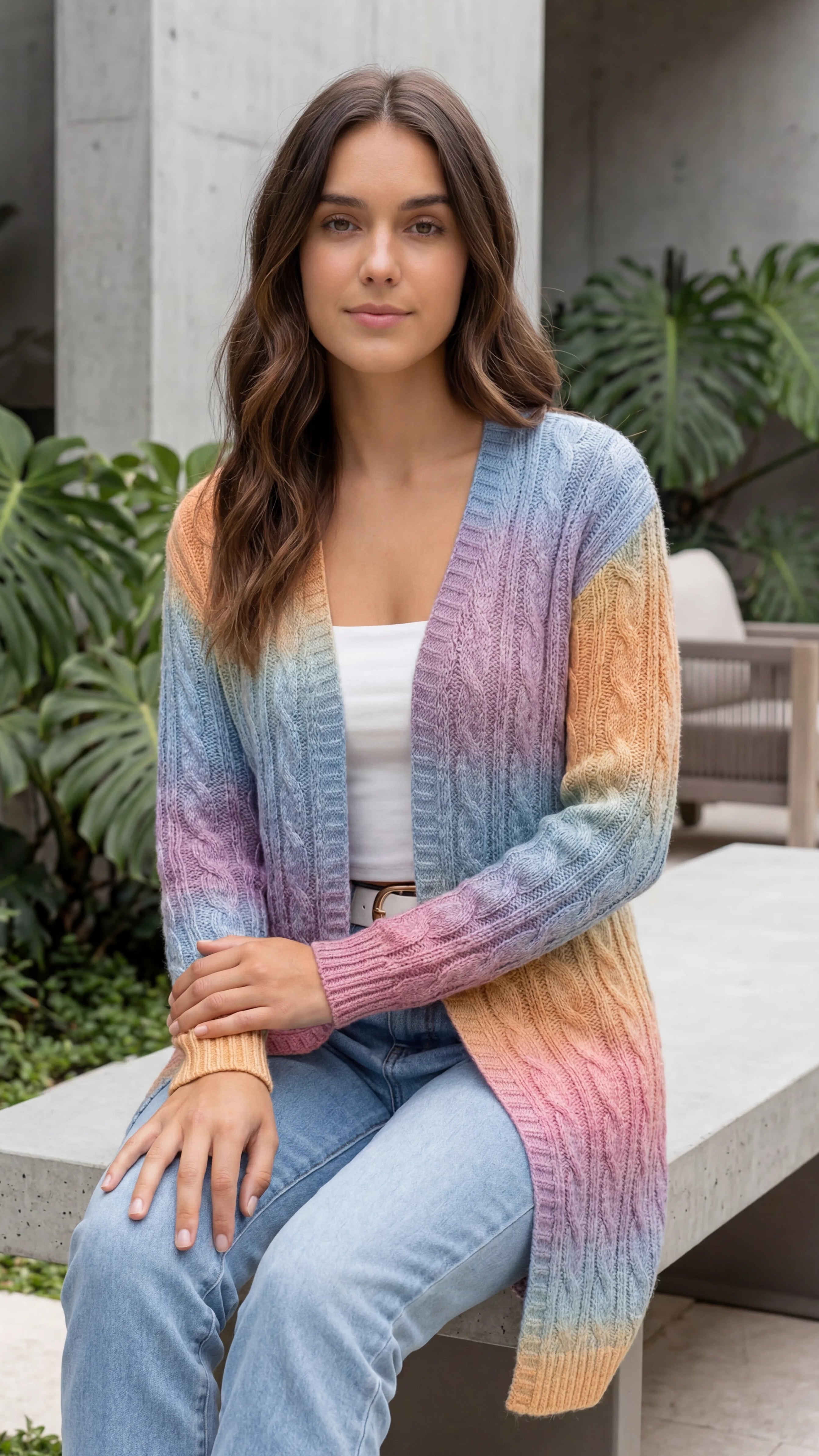 Women's Open Front Ombre Cable Knit Long Cardigan