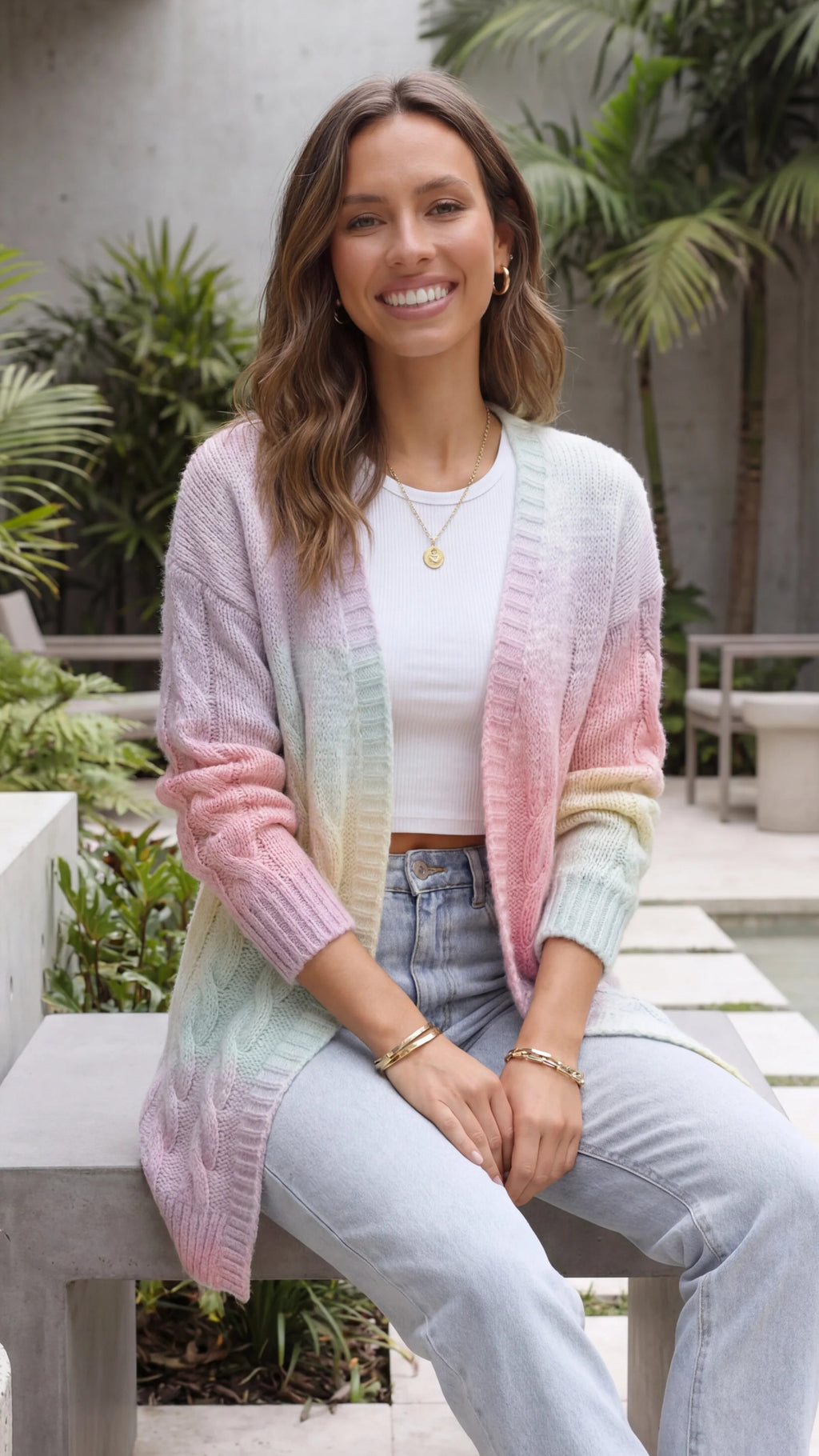Women's Open Front Ombre Cable Knit Long Cardigan
