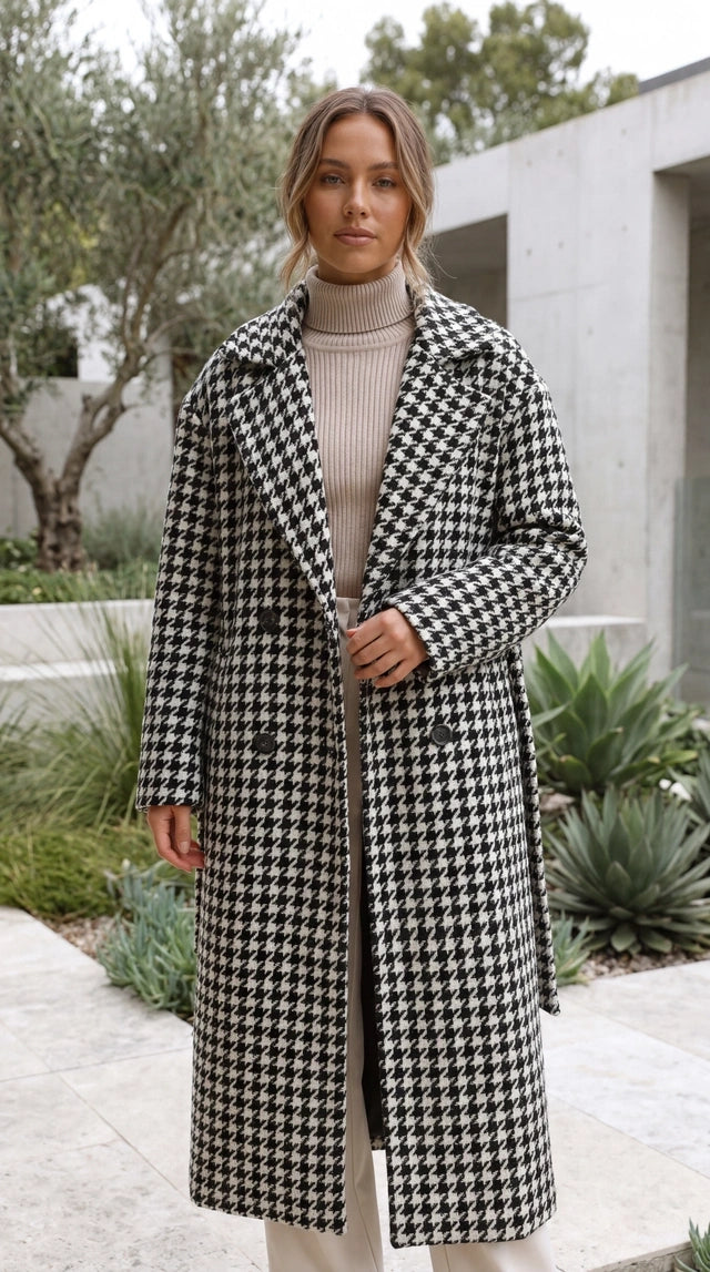 Women's Oversized Houndstooth Print Long Coat