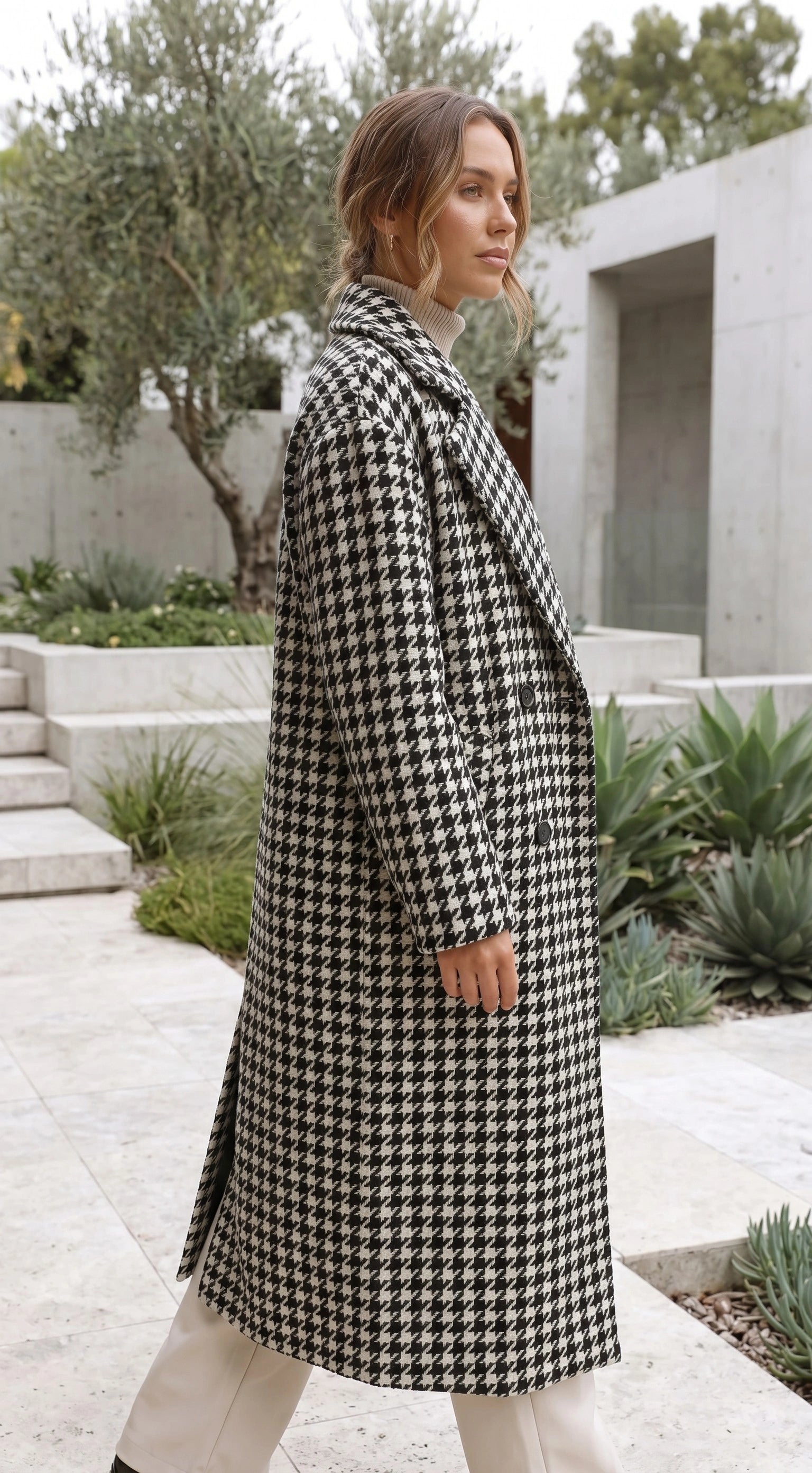 Women's Oversized Houndstooth Print Long Coat
