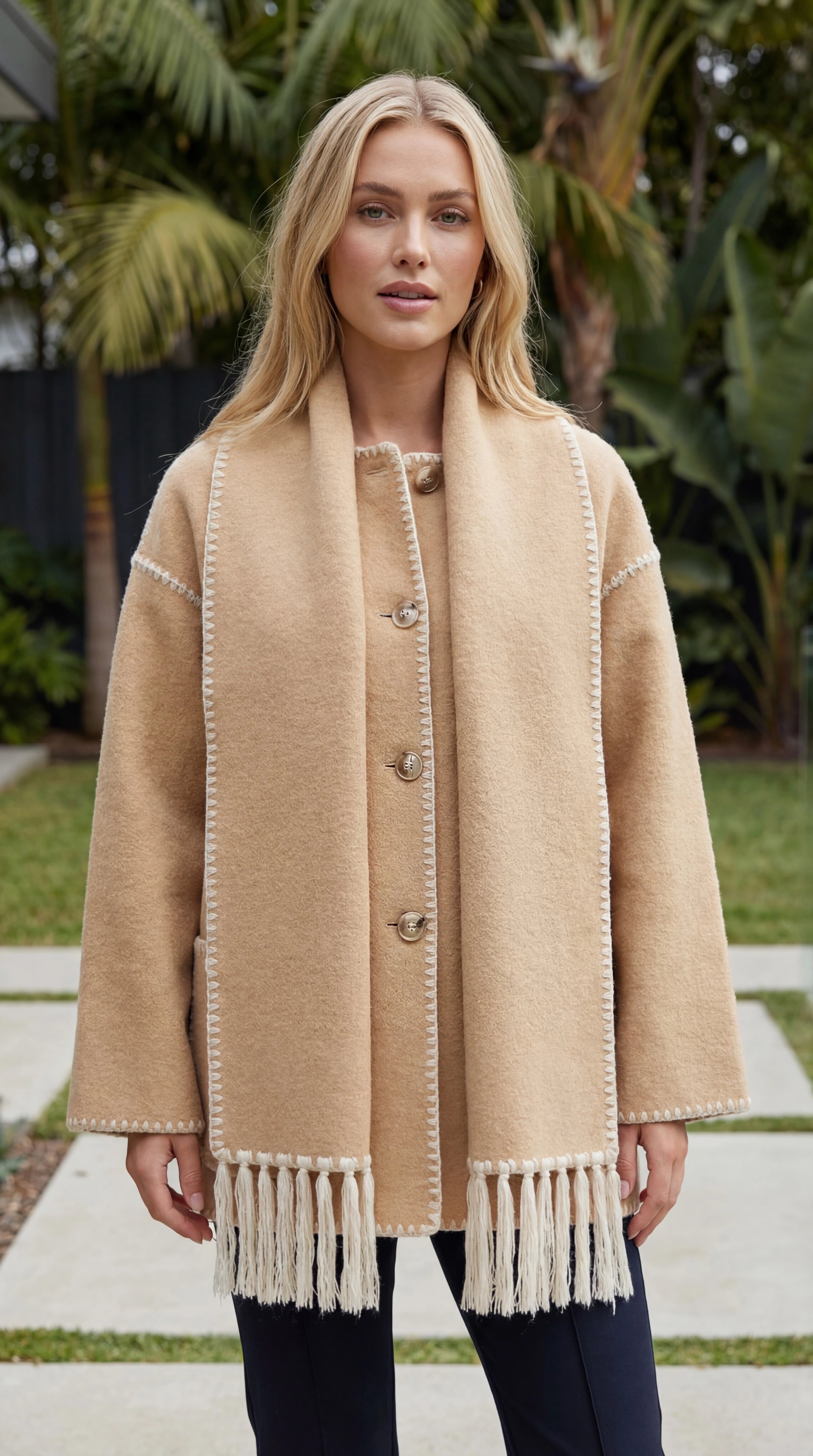 Women's Oversized Scarf Coat With Fringe And Pockets