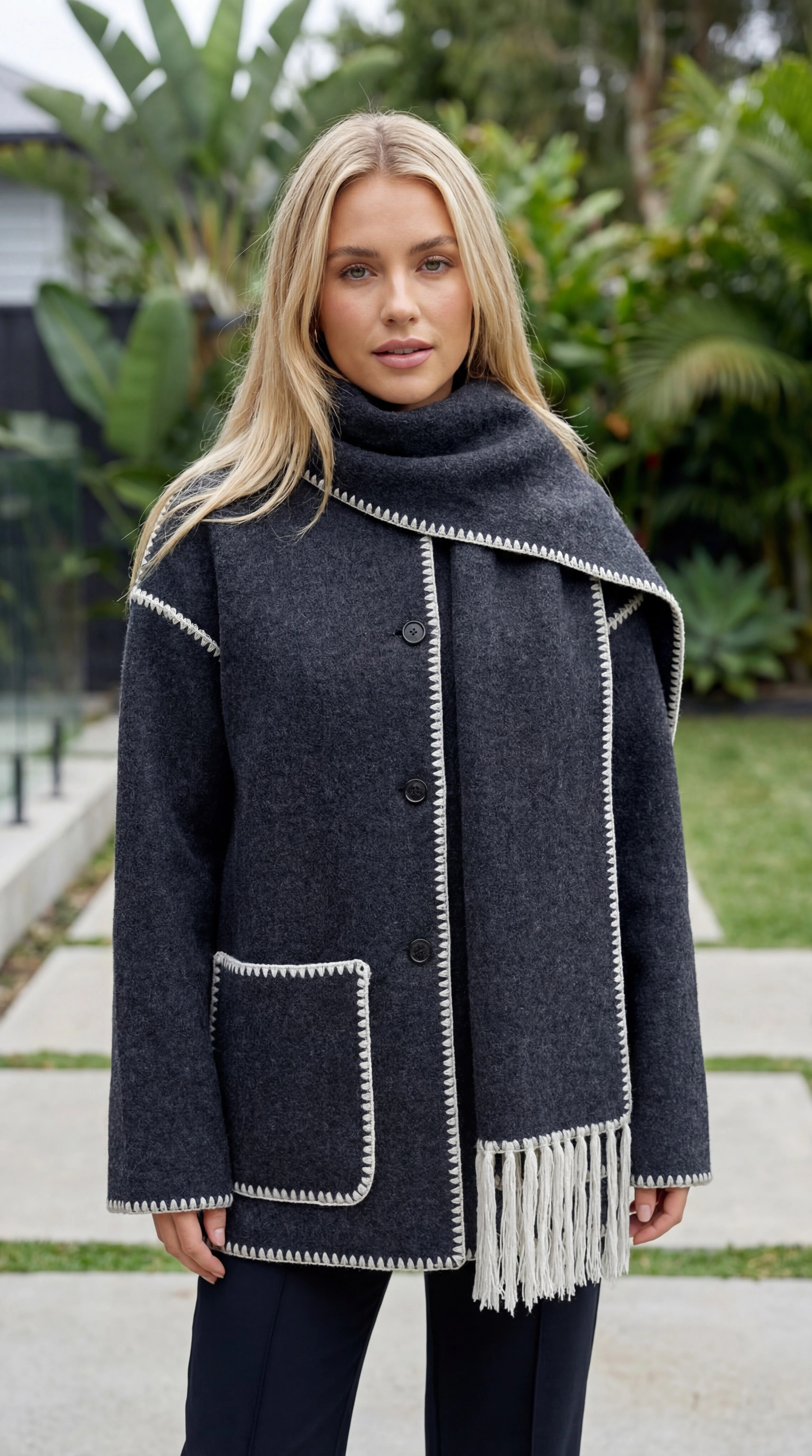 Women's Oversized Scarf Coat With Fringe And Pockets