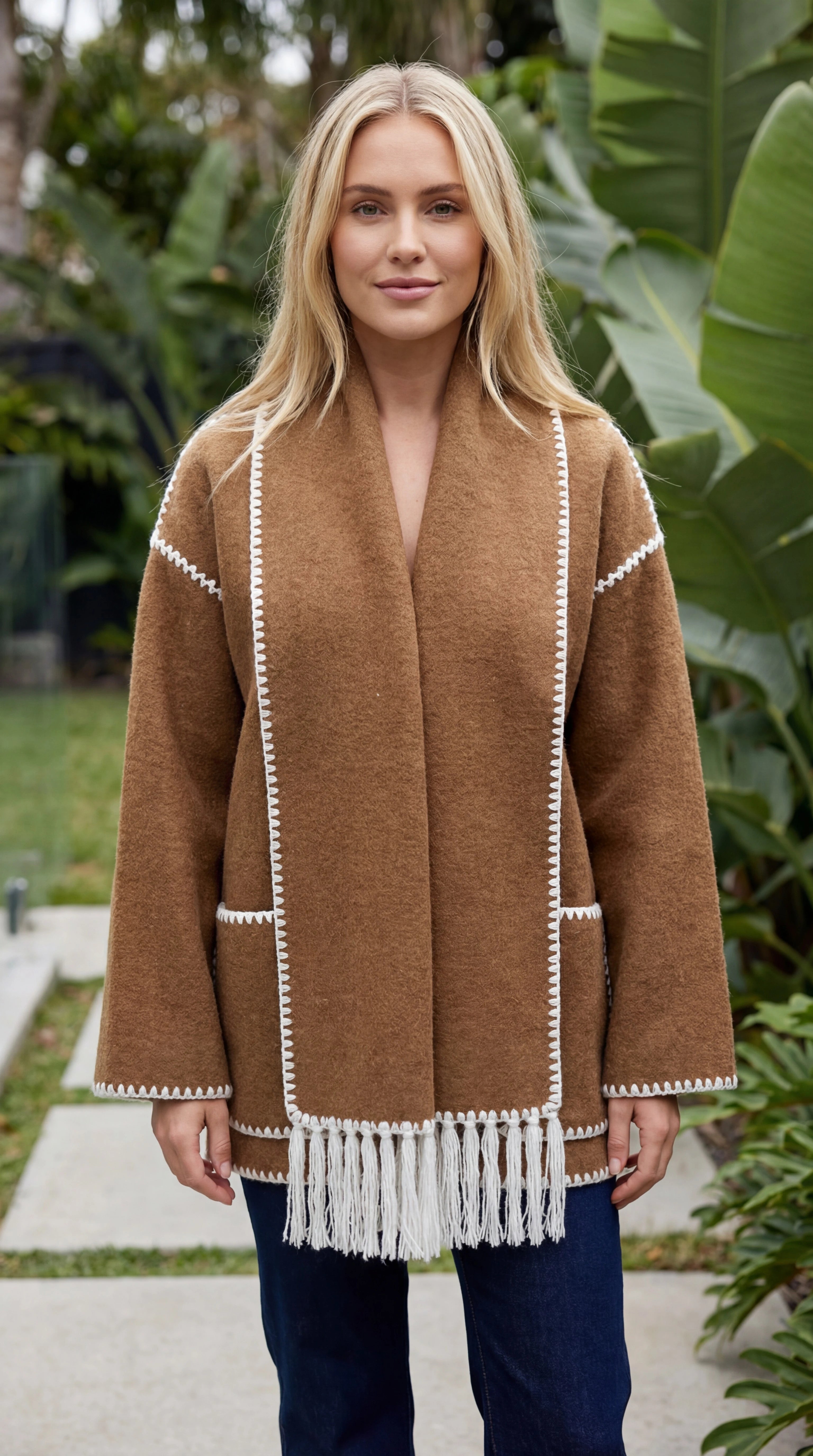 Women's Oversized Scarf Coat With Fringe And Pockets