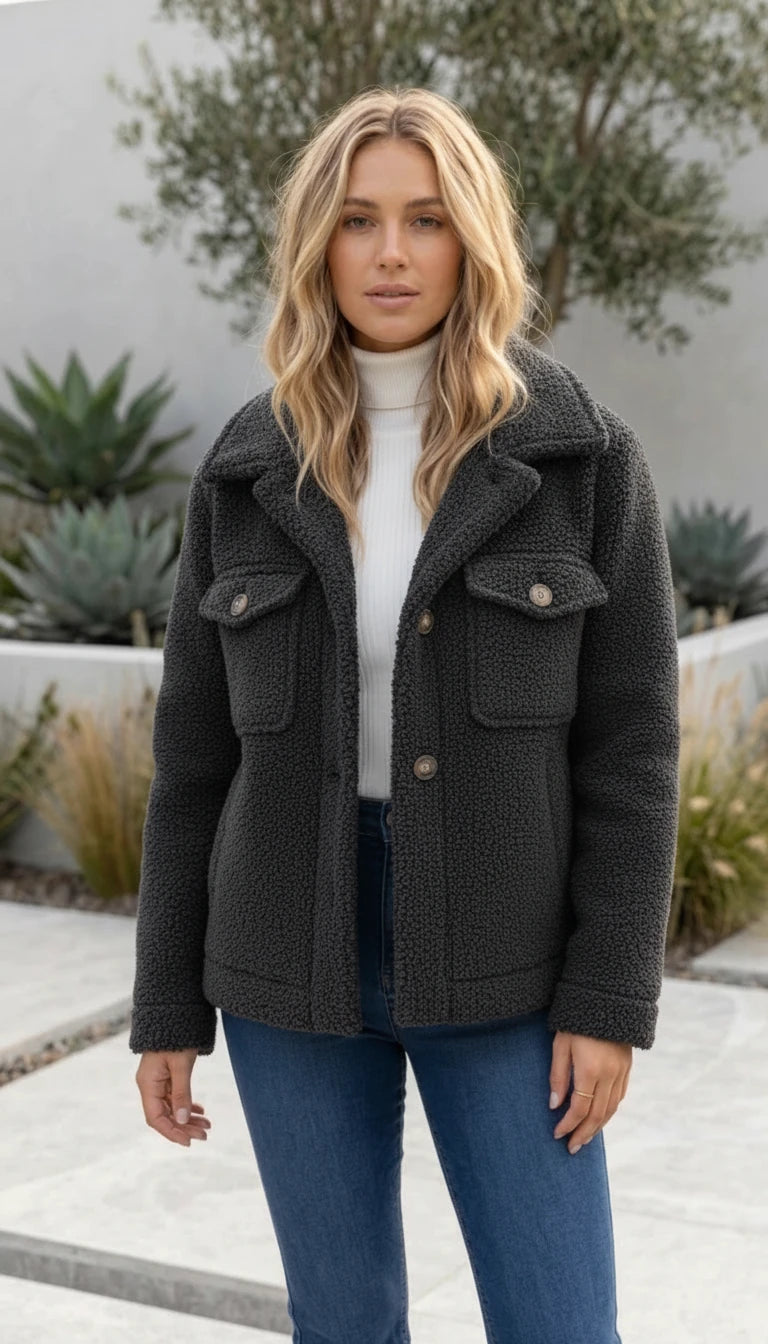 Women's Oversized Textured Button-Front Teddy Jacket