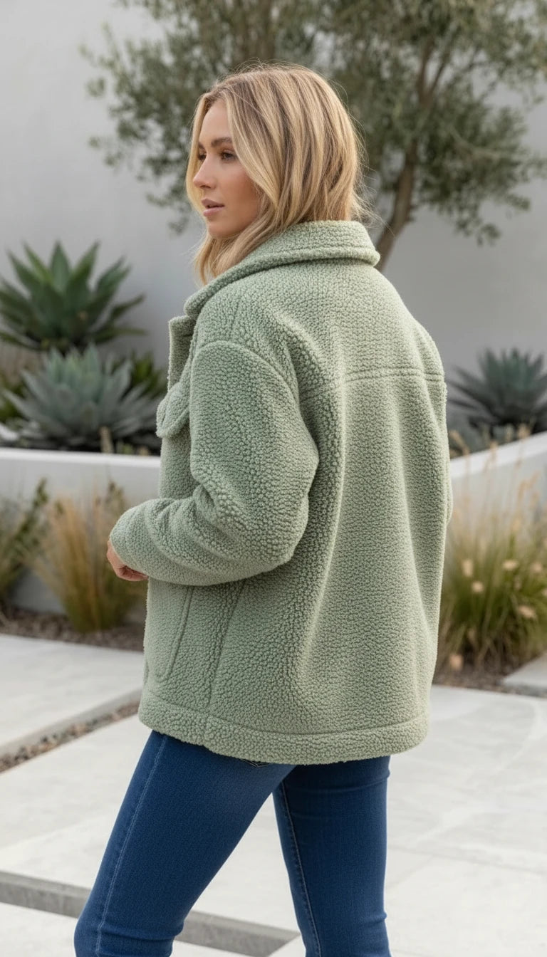 Women's Oversized Textured Button-Front Teddy Jacket