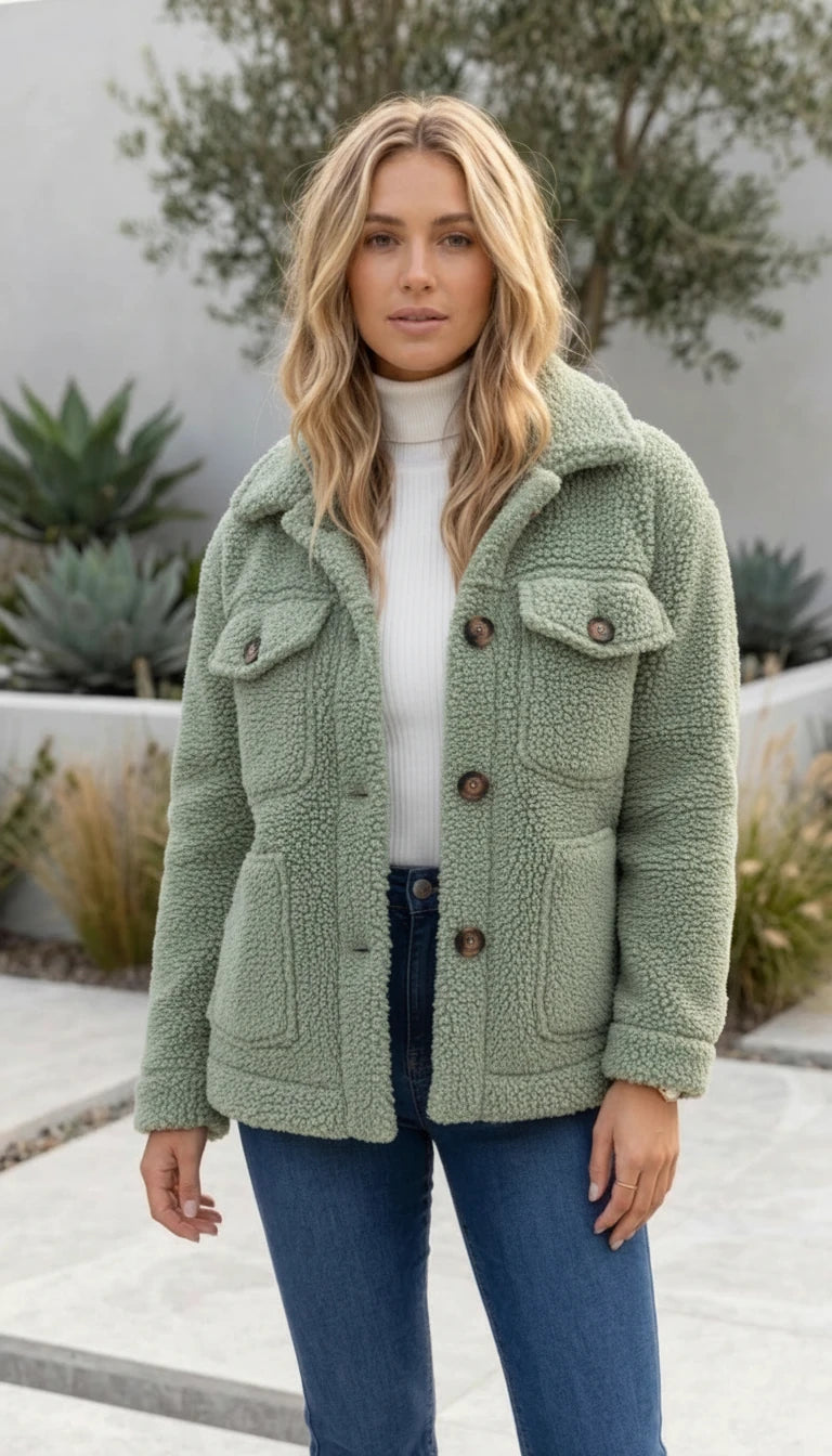 Women's Oversized Textured Button-Front Teddy Jacket
