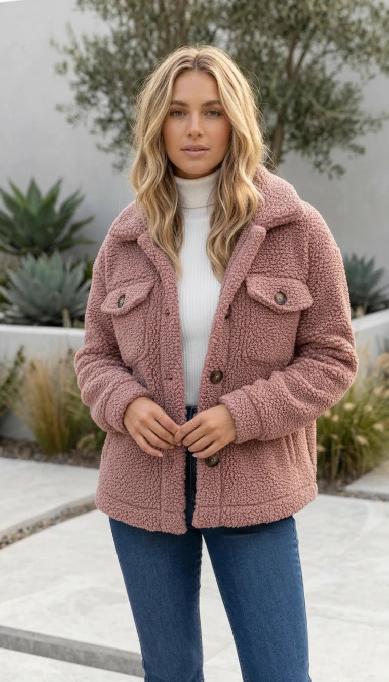 Women's Oversized Textured Button-Front Teddy Jacket