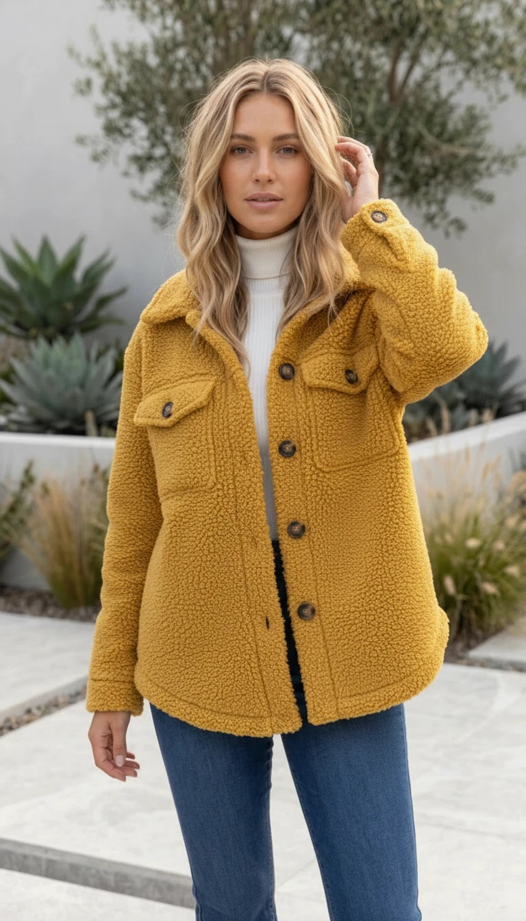 Women's Oversized Textured Button-Front Teddy Jacket