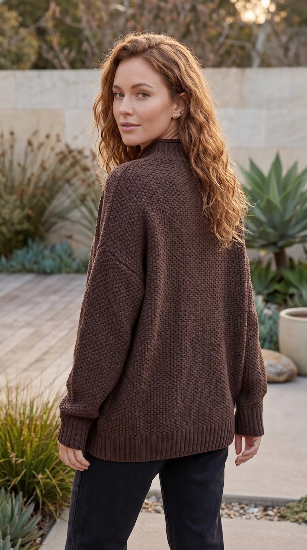 Women’s Oversized Waffle Knit Sweater With Mock Neck