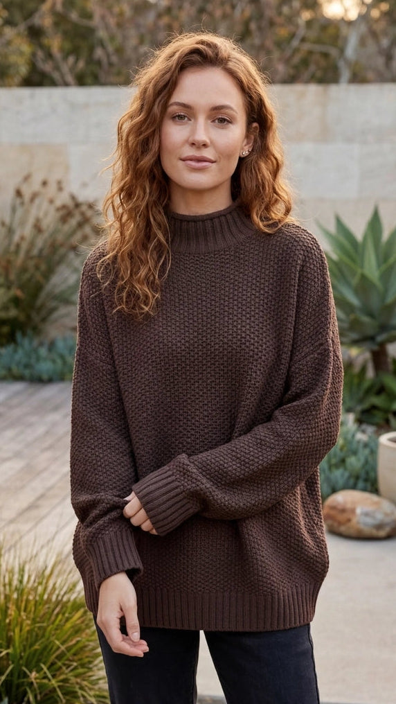 Women’s Oversized Waffle Knit Sweater With Mock Neck