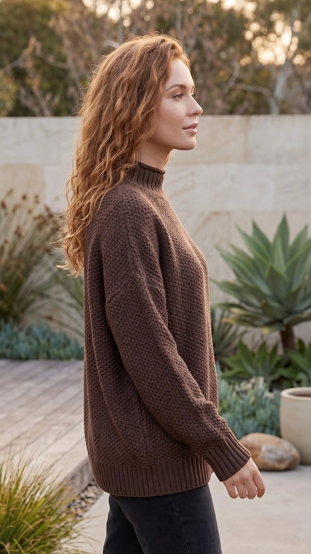 Women’s Oversized Waffle Knit Sweater With Mock Neck