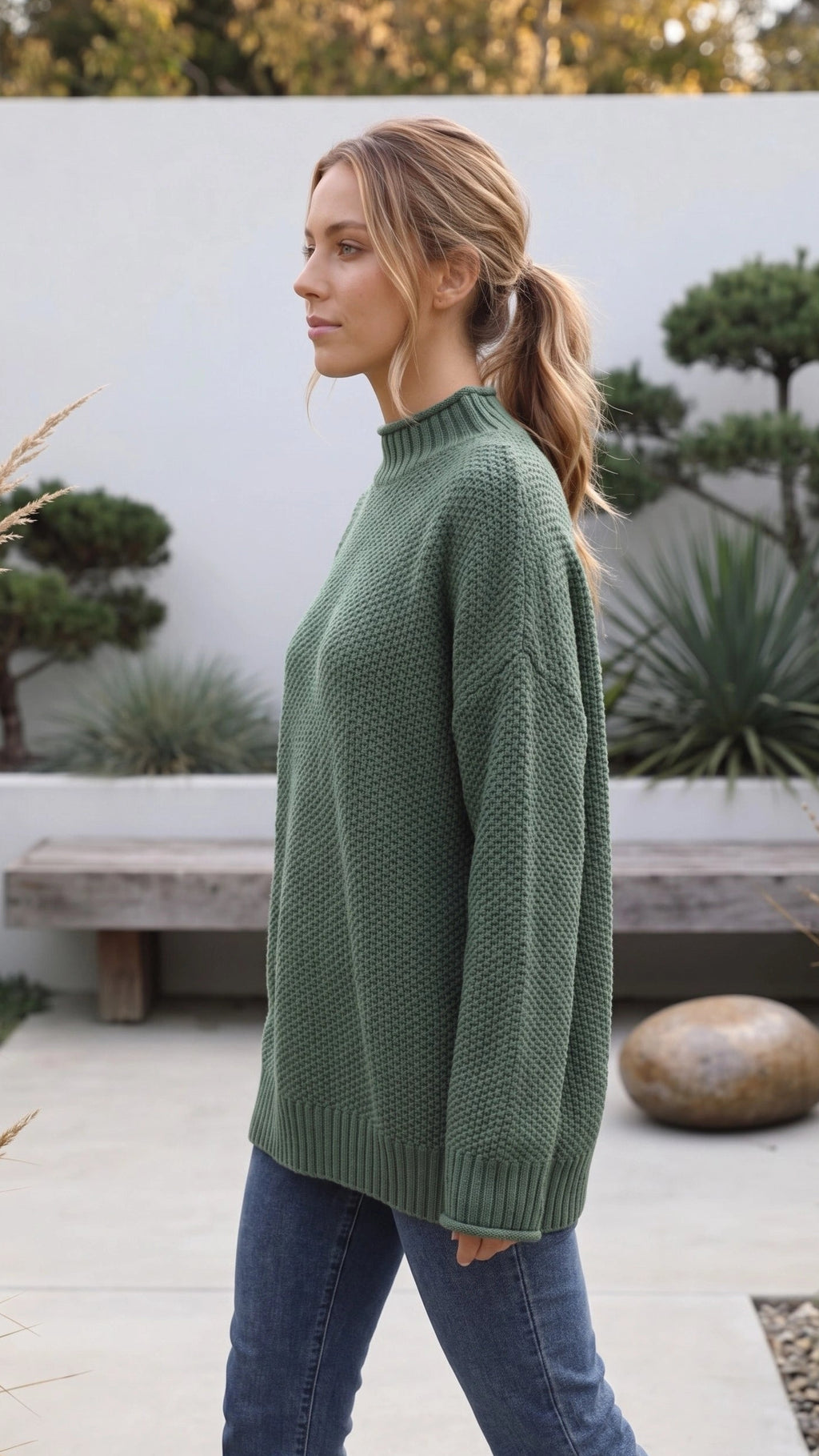 Women’s Oversized Waffle Knit Sweater With Mock Neck