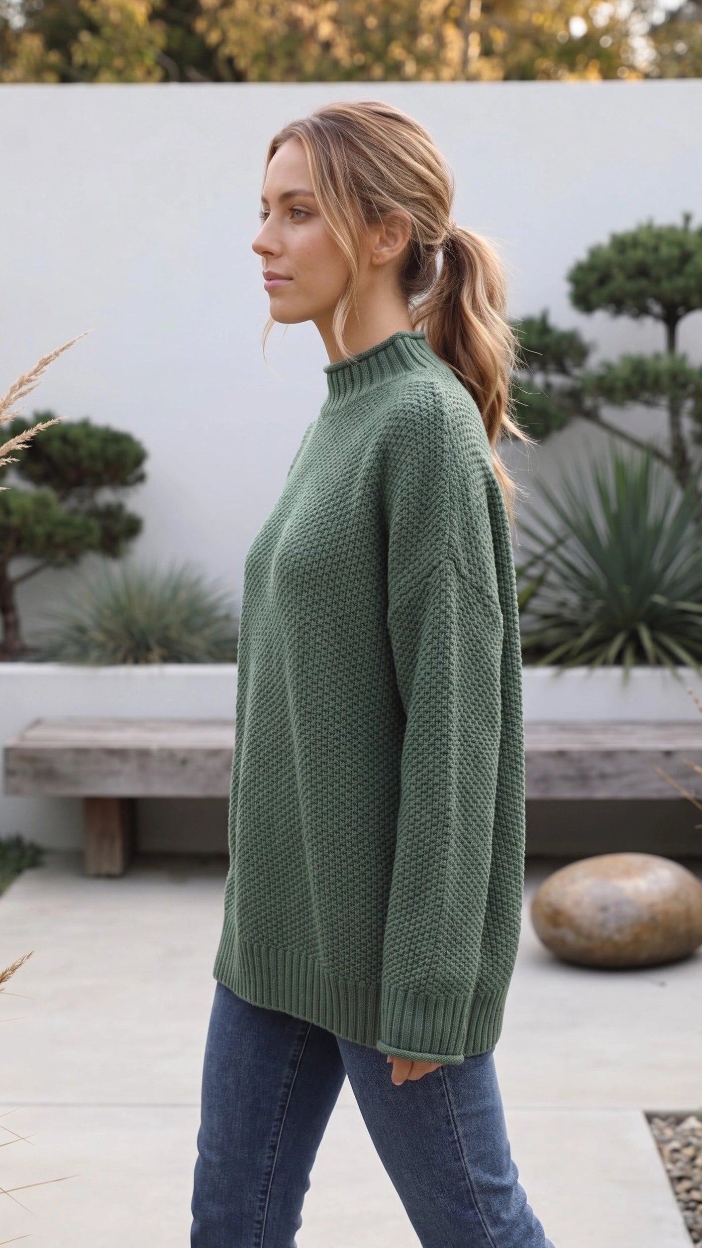 Women’s Oversized Waffle Knit Sweater With Mock Neck