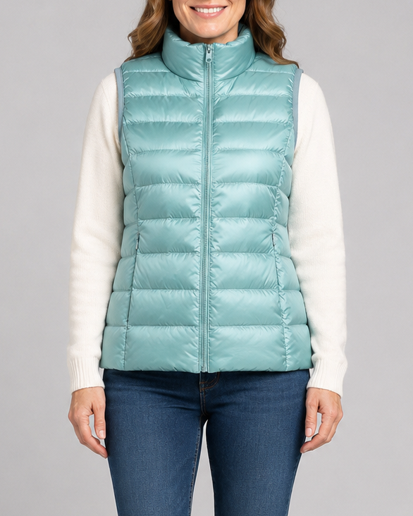 Women's Lightweight Padded Gilet with Stand Collar and Zip Front