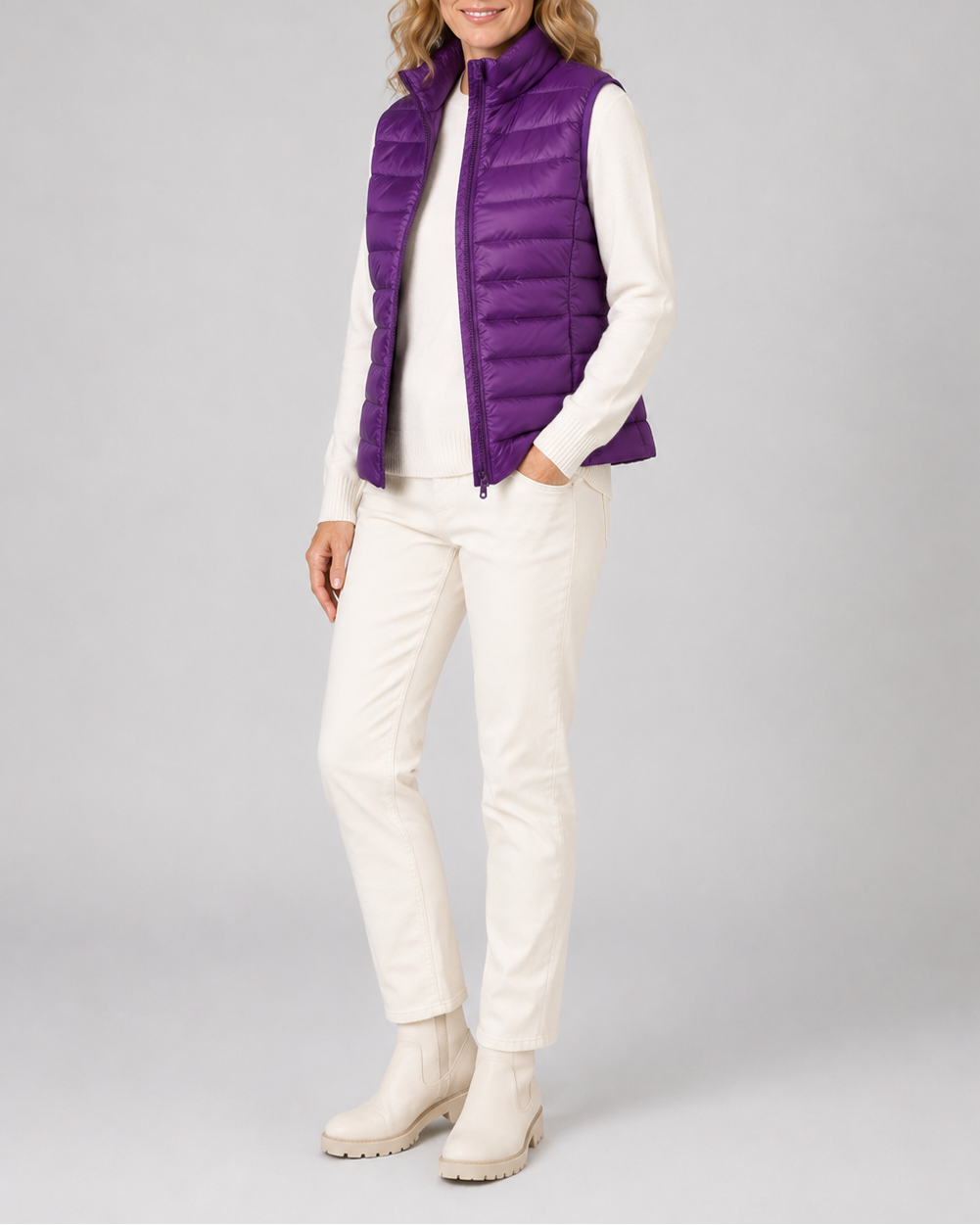 Women's Lightweight Padded Gilet with Stand Collar and Zip Front