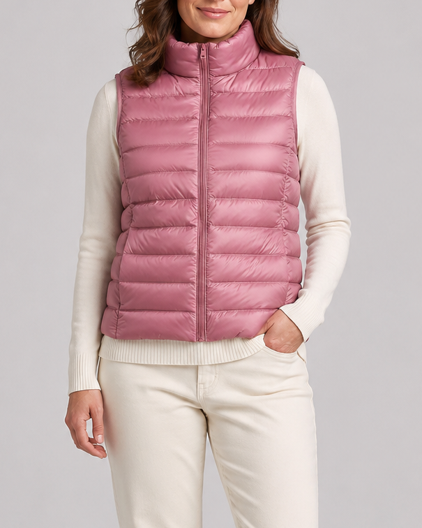 Women's Lightweight Padded Gilet with Stand Collar and Zip Front