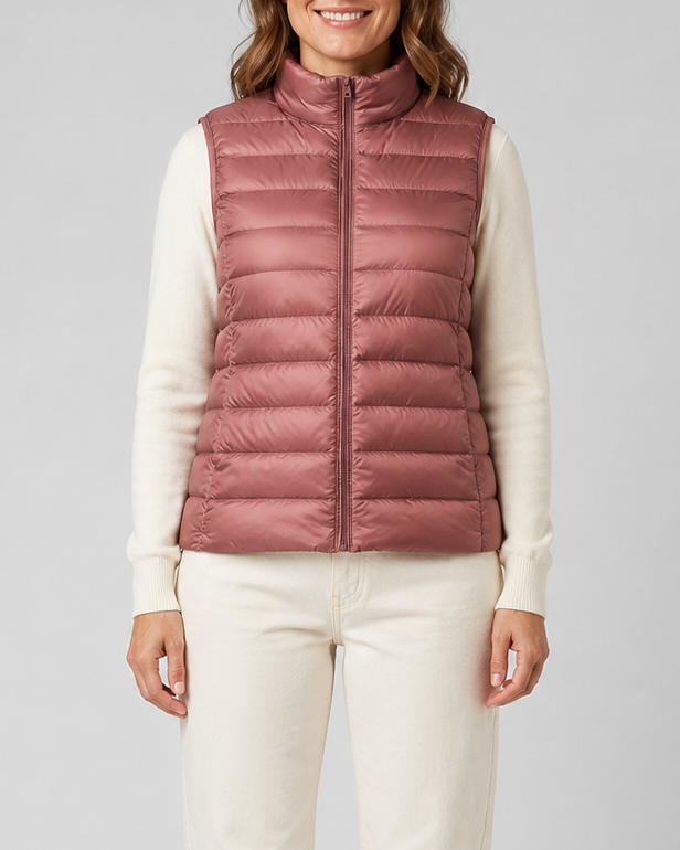 Women's Lightweight Padded Gilet with Stand Collar and Zip Front