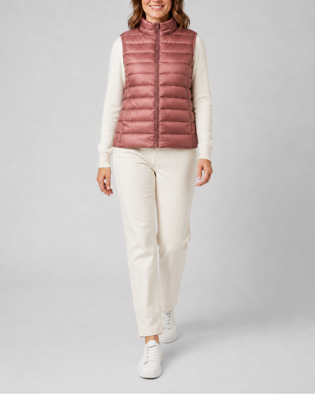 Women's Lightweight Padded Gilet with Stand Collar and Zip Front