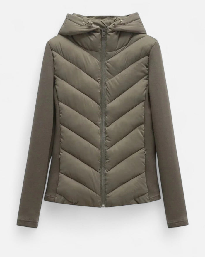 Women's Hooded Quilted Puffer Jacket with Chevron Padding and Zip Front