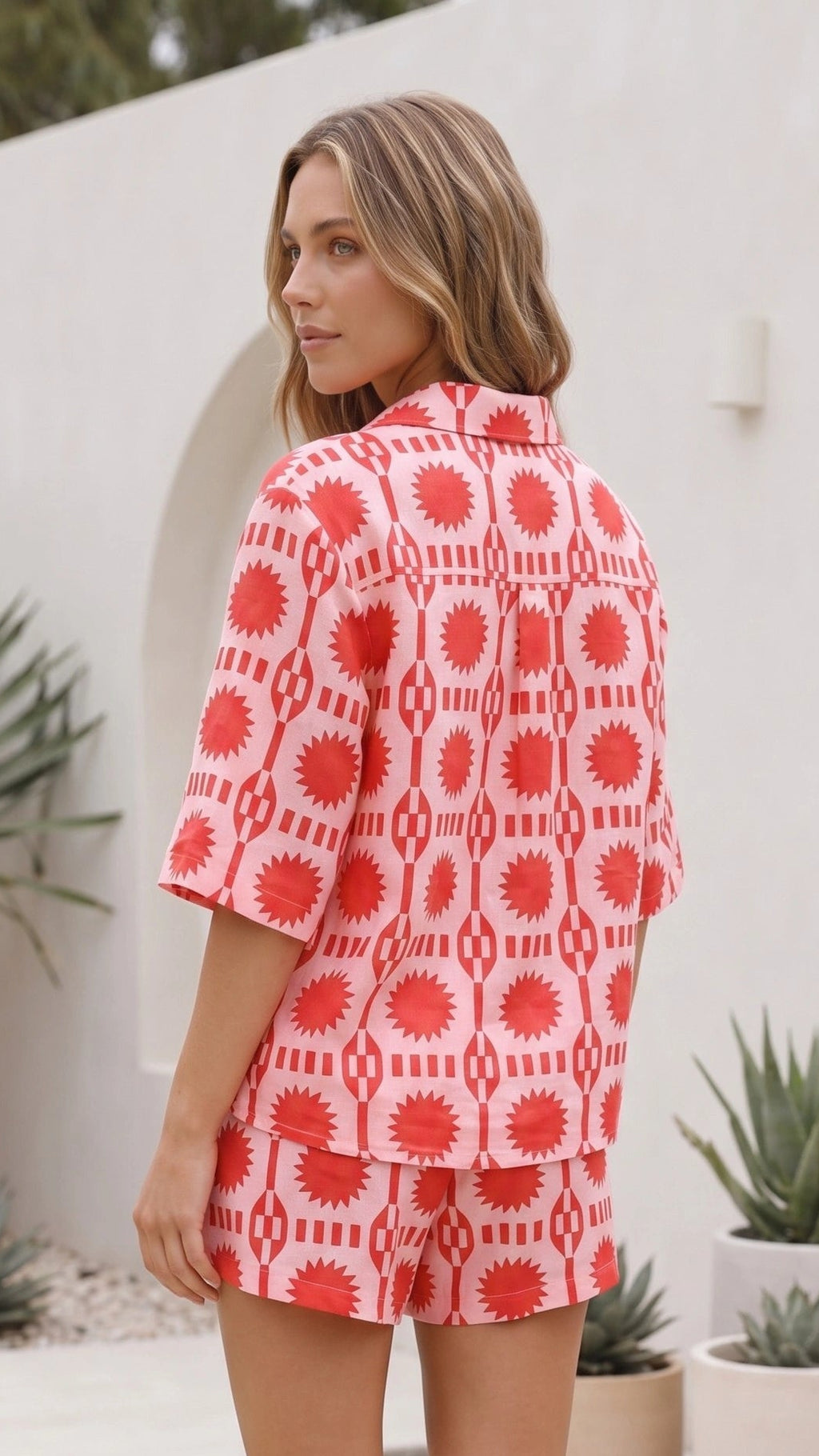 Women’s Printed Button Up Shirt and Shorts Matching Set